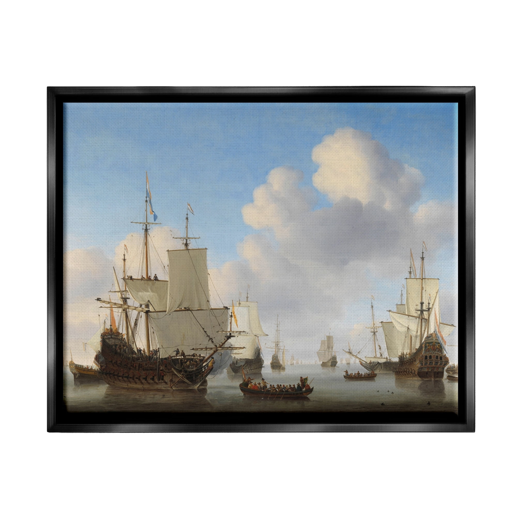 Stupell Industries Dutch Ships at Sea Willem van de Velde Classic Painting Painting Jet Black Floating Framed Canvas Print Wall Art, Design by one1000paintings