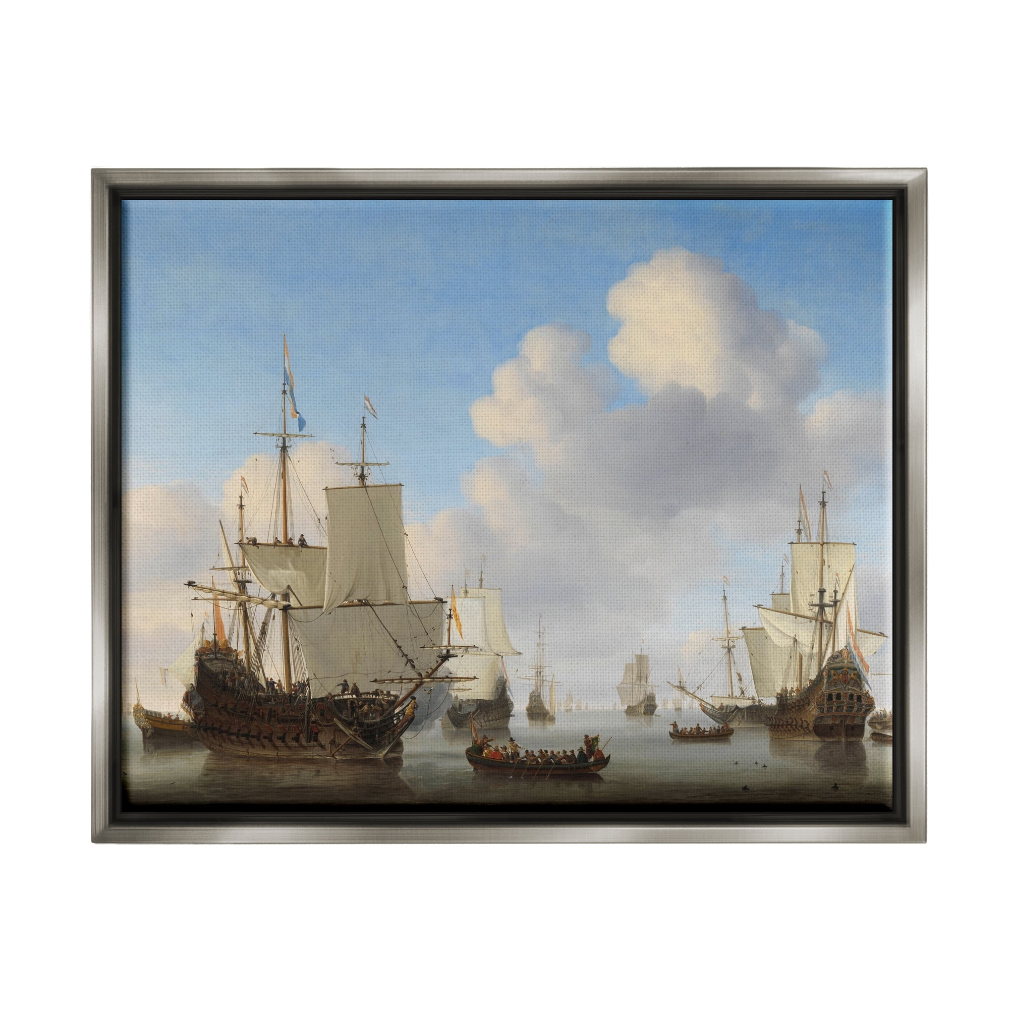 Stupell Industries Dutch Ships at Sea Willem van de Velde Classic Painting Painting Luster Gray Floating Framed Canvas Print Wall Art, Design by one1000paintings