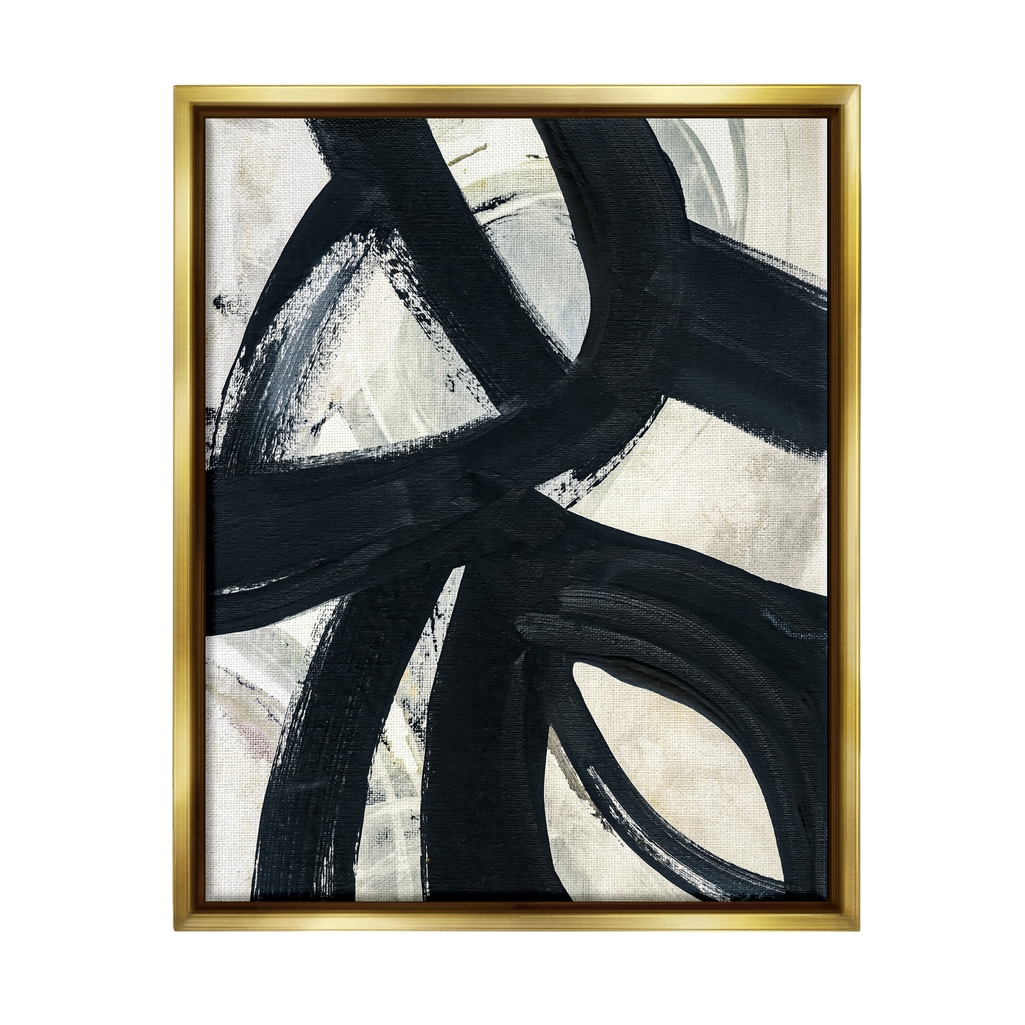 Stupell Industries Dynamic Modern Black Paint Strokes Bold Abstract Painting Metallic Gold Floating Framed Canvas Print Wall Art, Design by Susan Jill