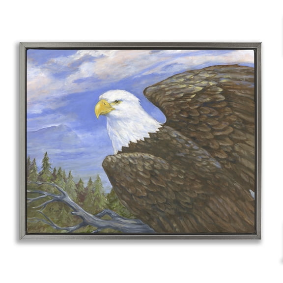Stupell Industries Eagle Overlook from Tree Top Animals Painting Gray Floater Framed Canvas Art Print Wall Art, 21 x 17
