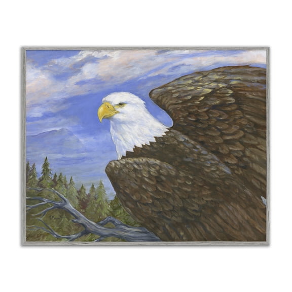 Stupell Industries Eagle Overlook from Tree Top Animals Painting Gray Framed Art Print Wall Art, 14 x 11
