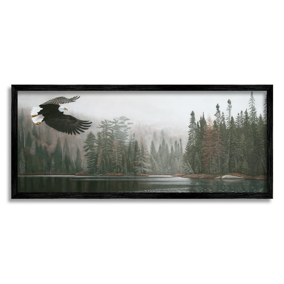 Stupell Industries Eagle Soaring Over Lake Nature Photography Black Framed Art Print Wall Art, 30 x 13
