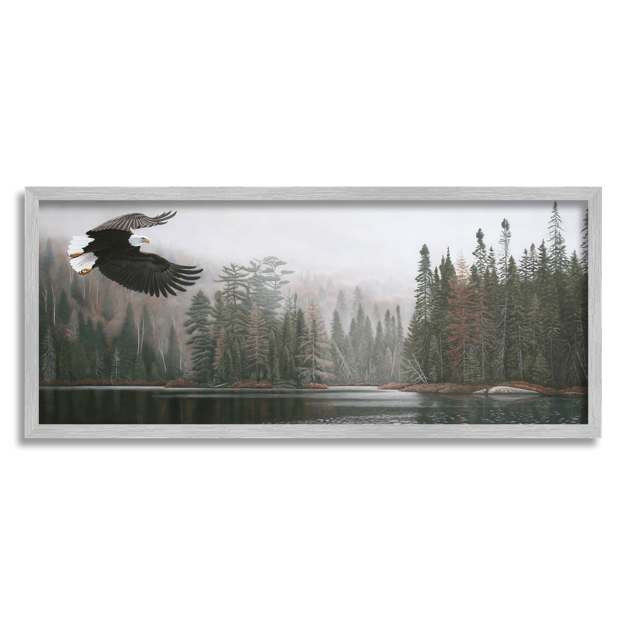 Stupell Industries Eagle Soaring Over Lake Nature Photography Gray Framed Art Print Wall Art, 30 x 13