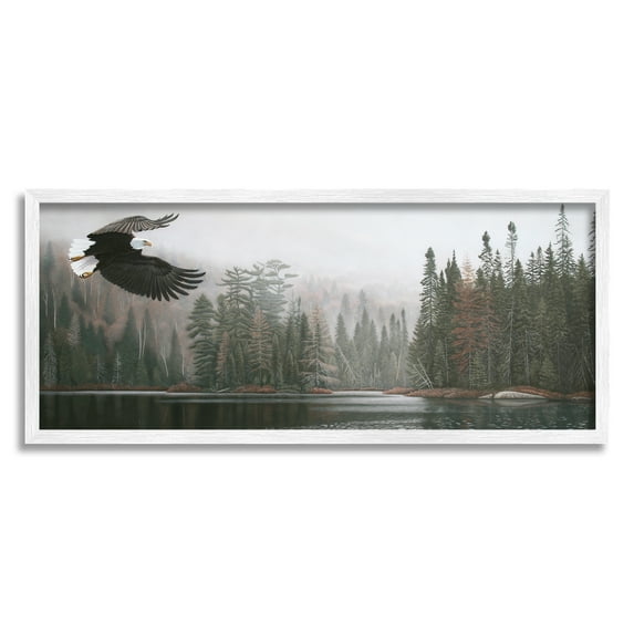 Stupell Industries Eagle Soaring Over Lake Nature Photography White Framed Art Print Wall Art, 30 x 13