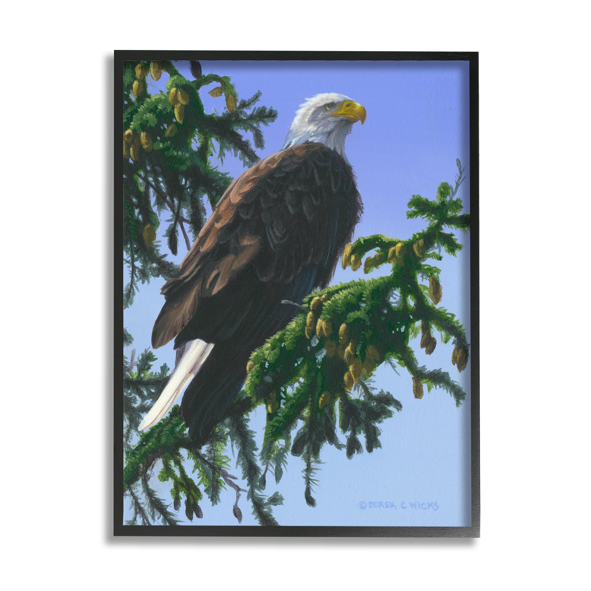 Stupell Industries Eagle on Fir Branch Animals & Insects Painting Black Framed Art Print Wall Art, 24 x 30