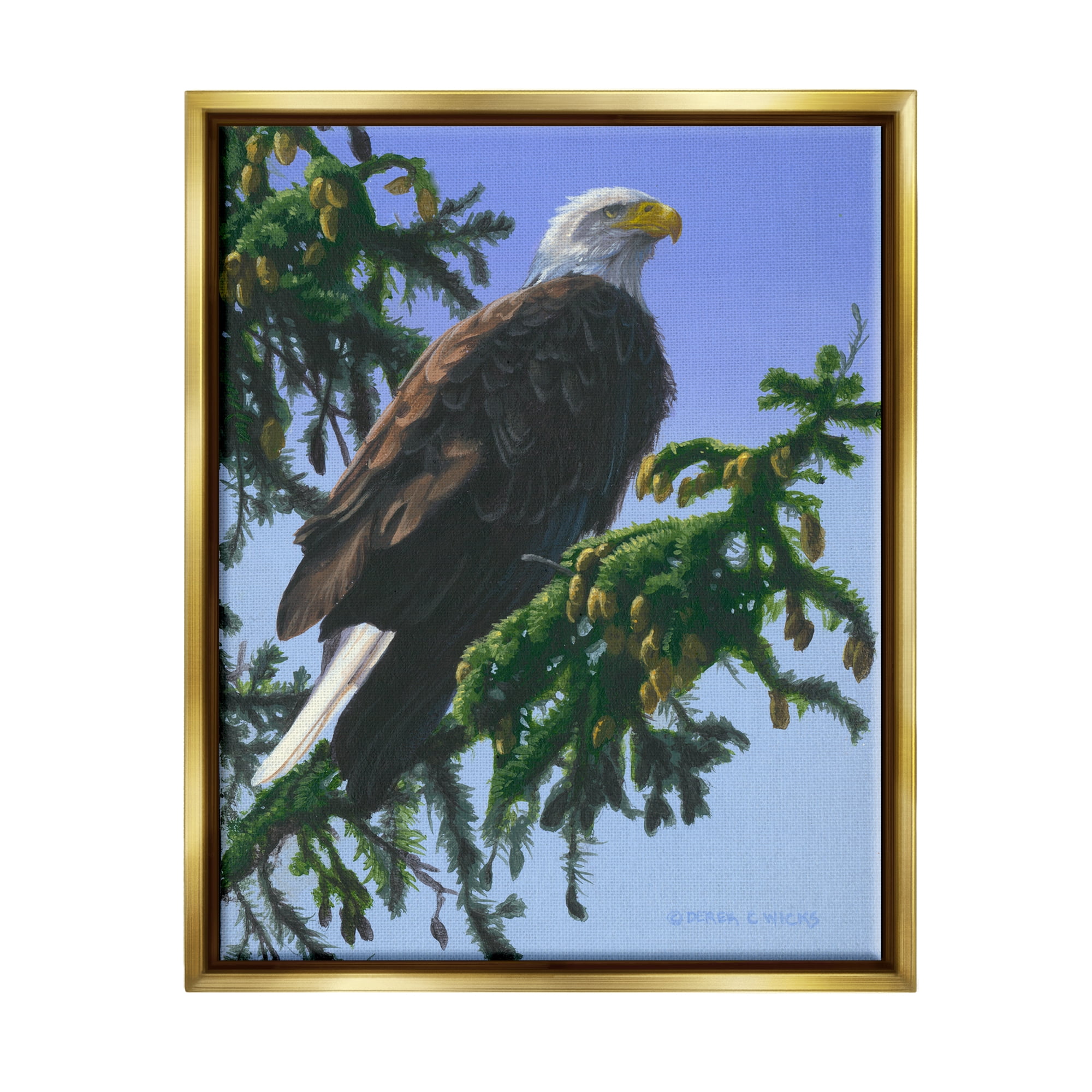 Stupell Industries Eagle on Fir Branch Animals & Insects Painting Gold Floater Framed Canvas Art Print Wall Art, 17 x 21