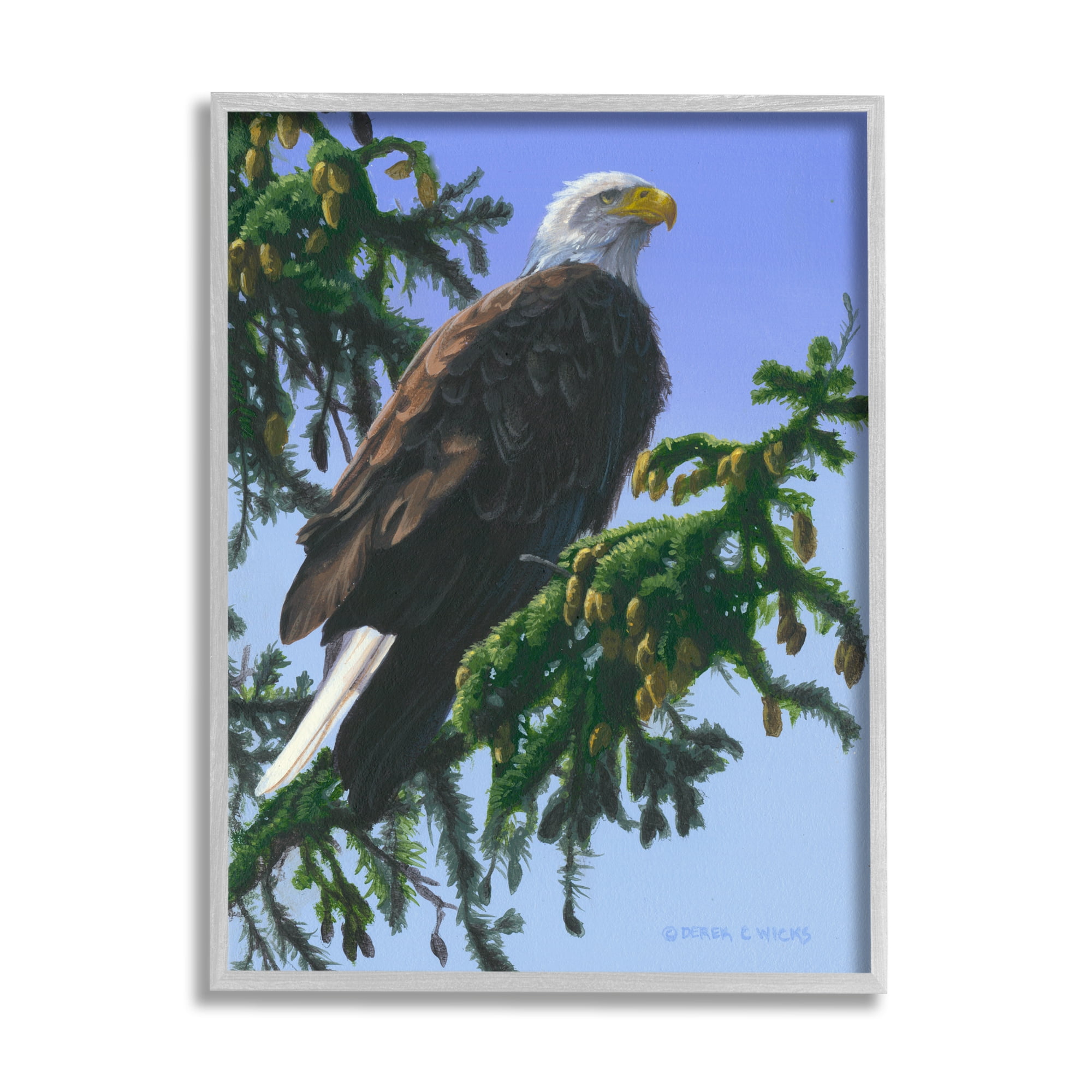 Stupell Industries Eagle on Fir Branch Animals & Insects Painting Gray Framed Art Print Wall Art, 11 x 14
