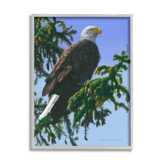 Stupell Industries Eagle on Fir Branch Animals & Insects Painting Gray Framed Art Print Wall Art, 24 x 30