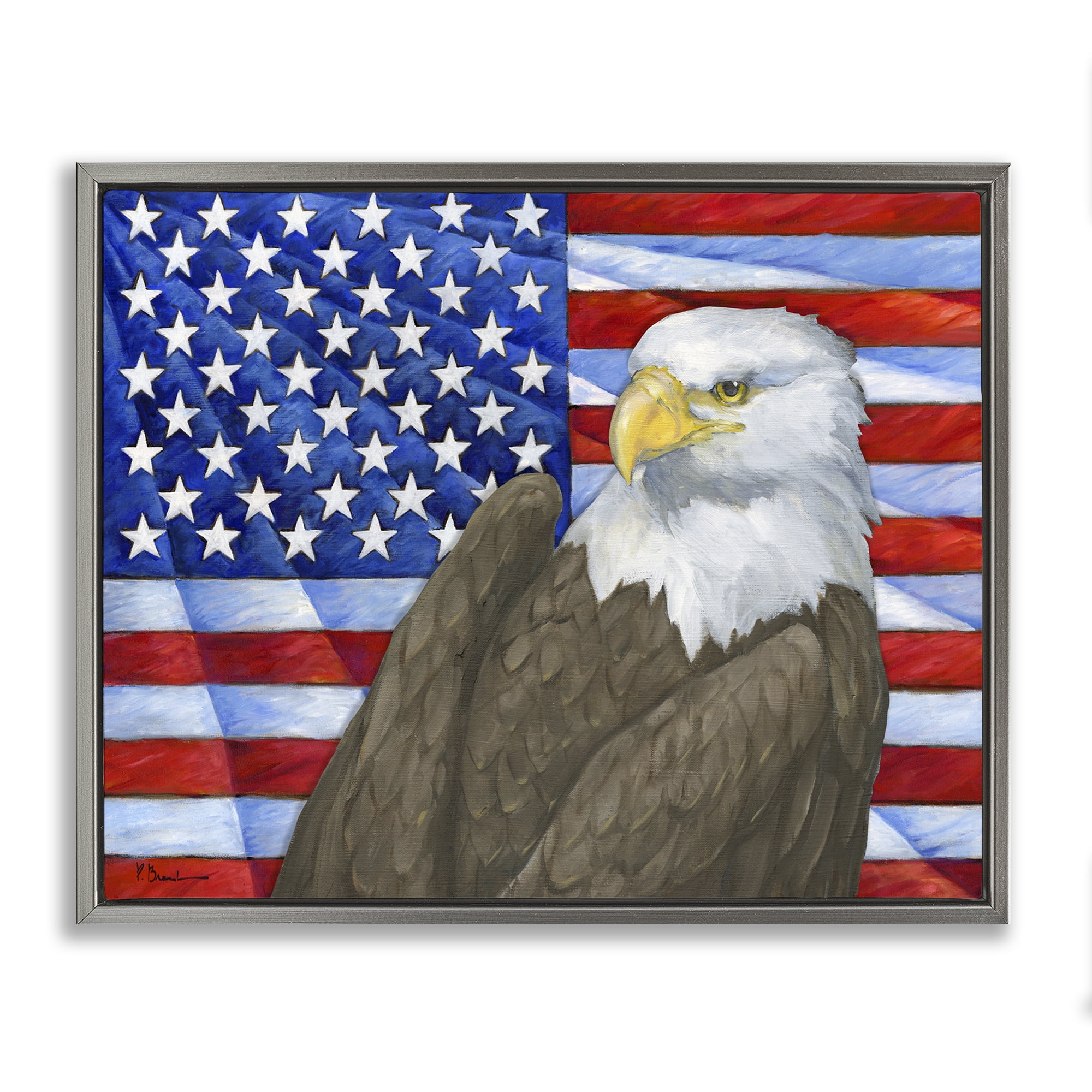 Stupell Industries Eagle's View Flag Patriotic Painting Gray Floater Framed Canvas Art Print Wall Art, 21 x 17