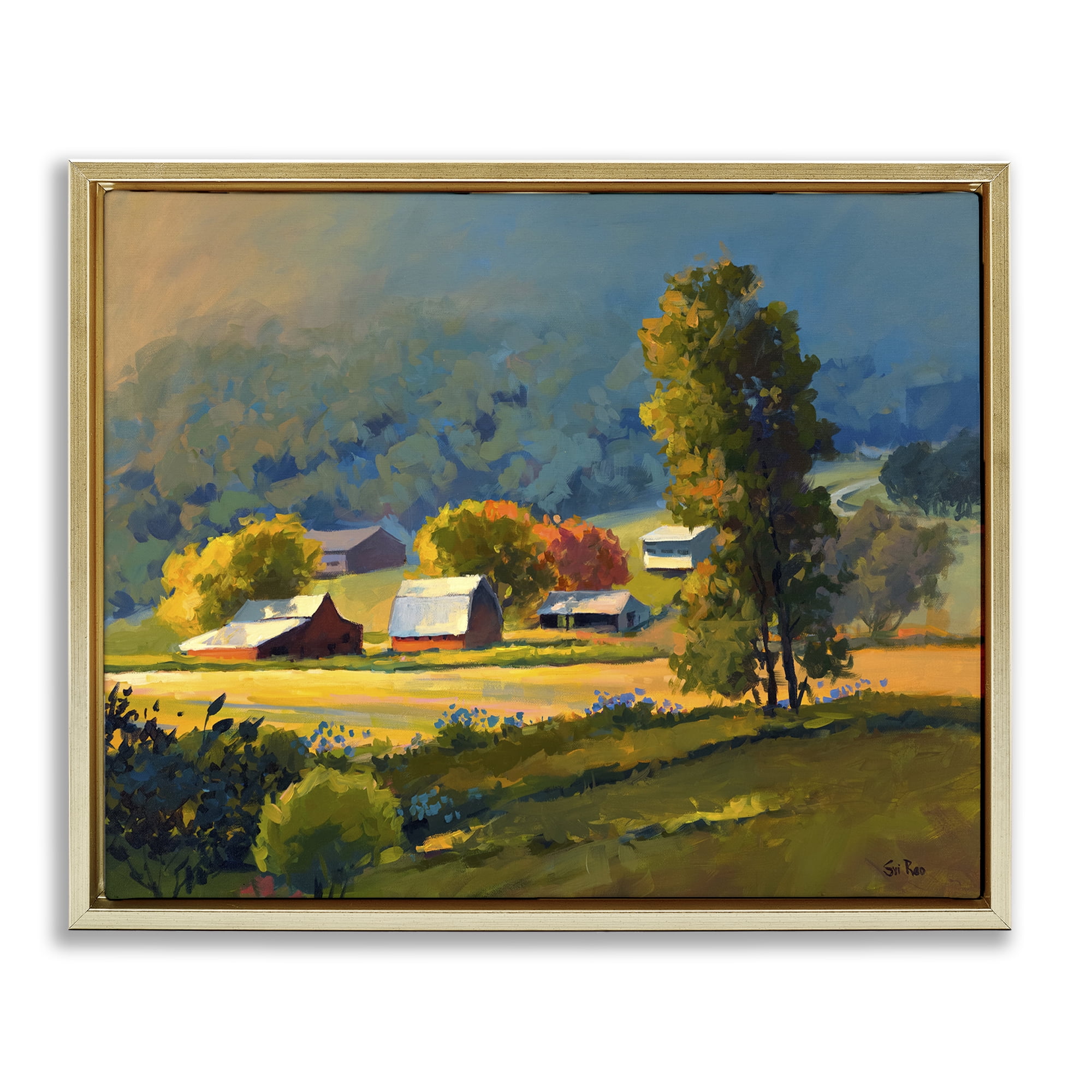 Stupell Industries Early Fall Farmland Landscape & Nature Painting Gold Floater Framed Canvas Art Print Wall Art, 31 x 25