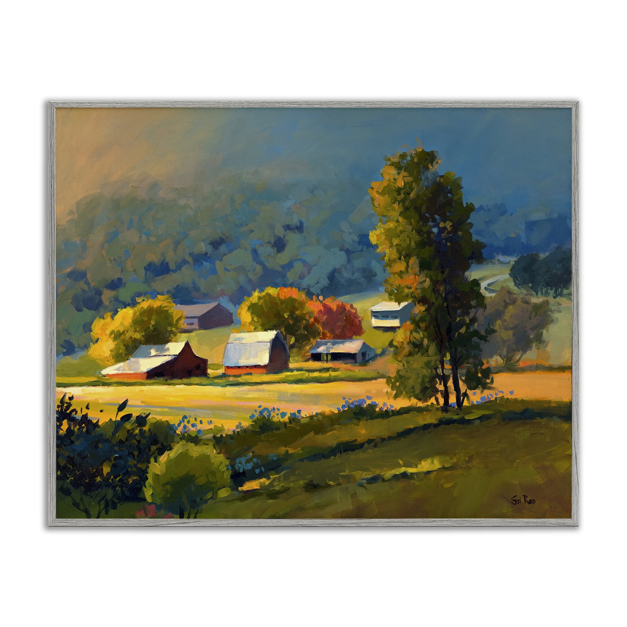 Stupell Industries Early Fall Farmland Landscape & Nature Painting Gray Framed Art Print Wall Art, 14 x 11