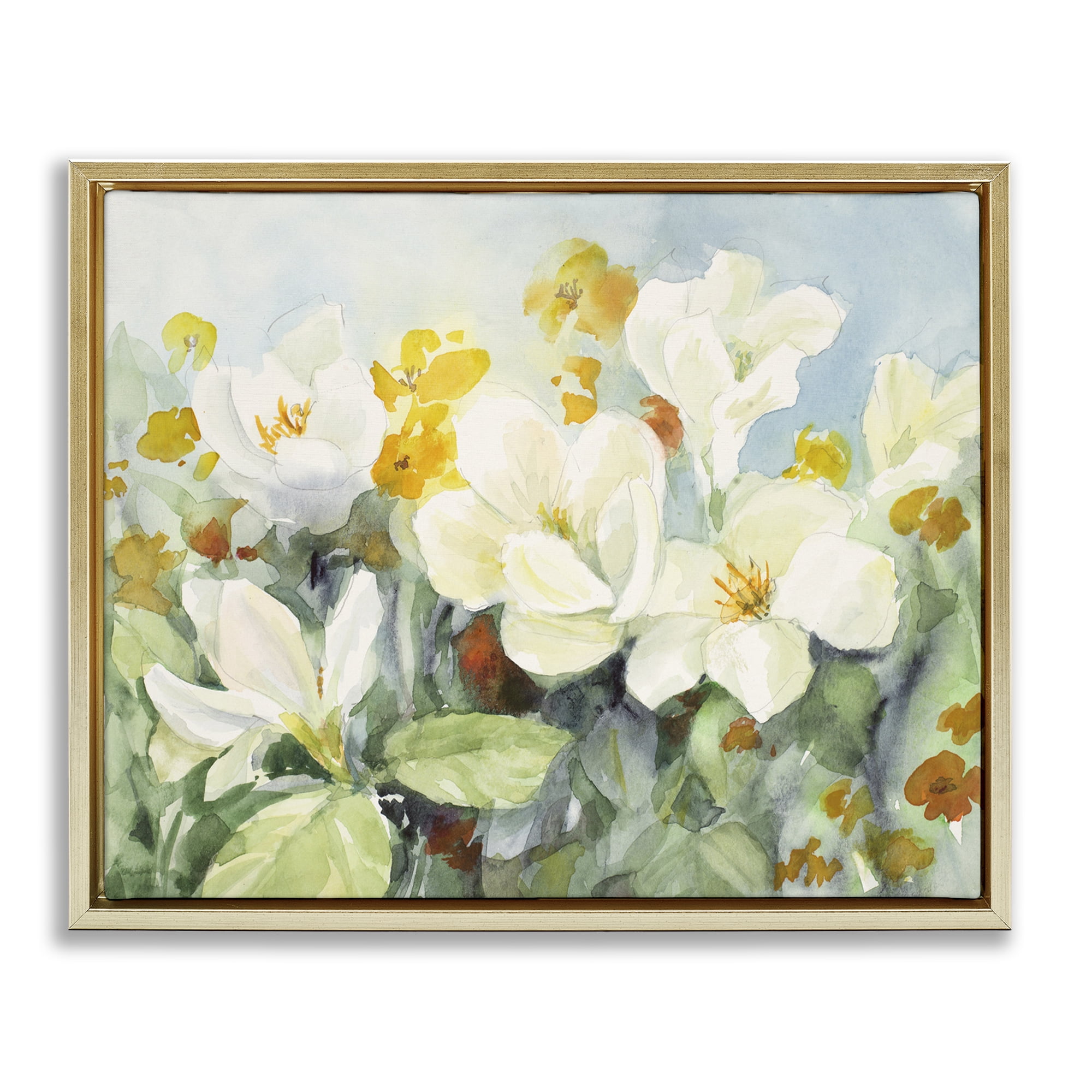 Stupell Industries Early Spring Meadow Botanical & Floral Painting Gold Floater Framed Art Print Wall Art, 31 x 25