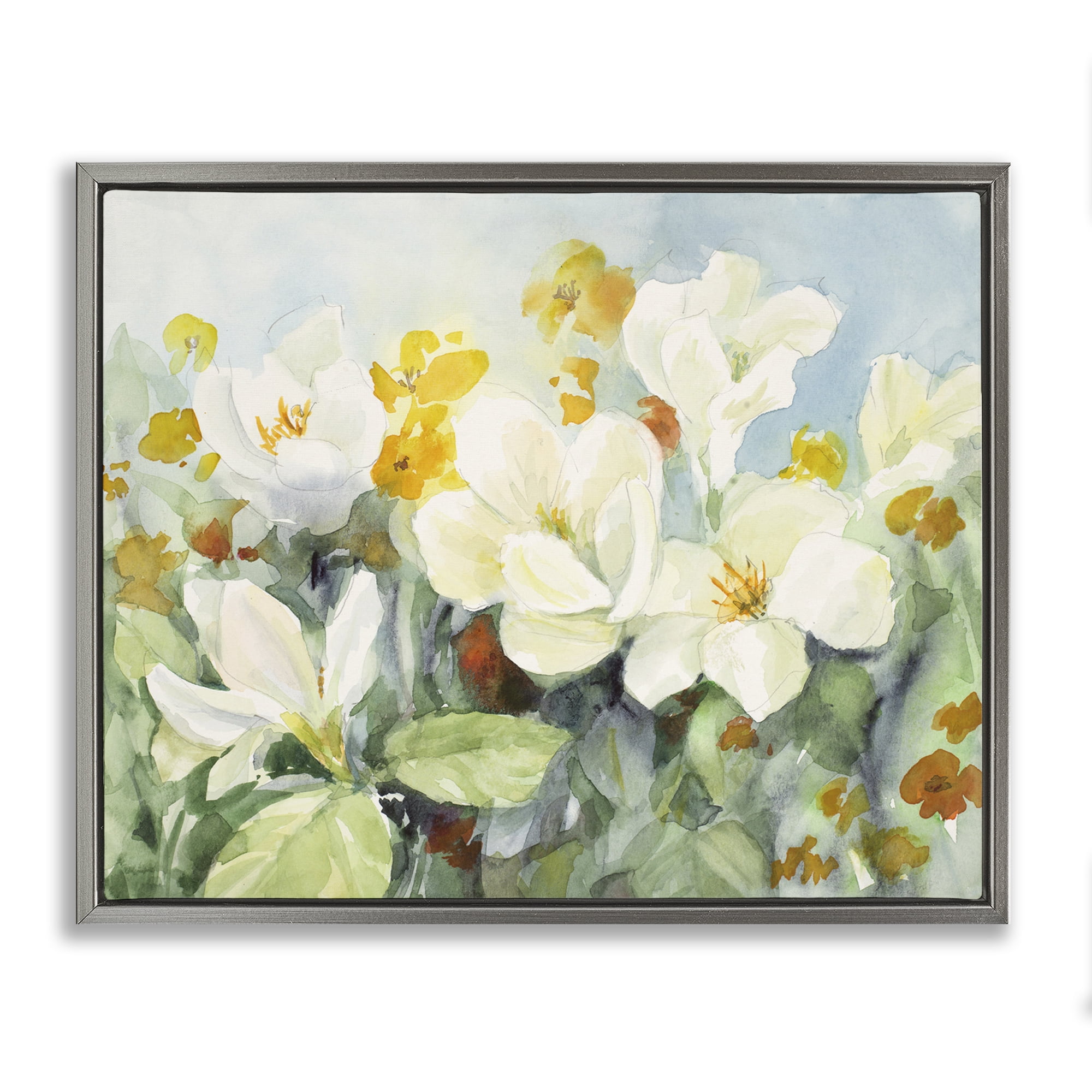 Stupell Industries Early Spring Meadow Botanical & Floral Painting Gray Floater Framed Art Print Wall Art, 21 x 17