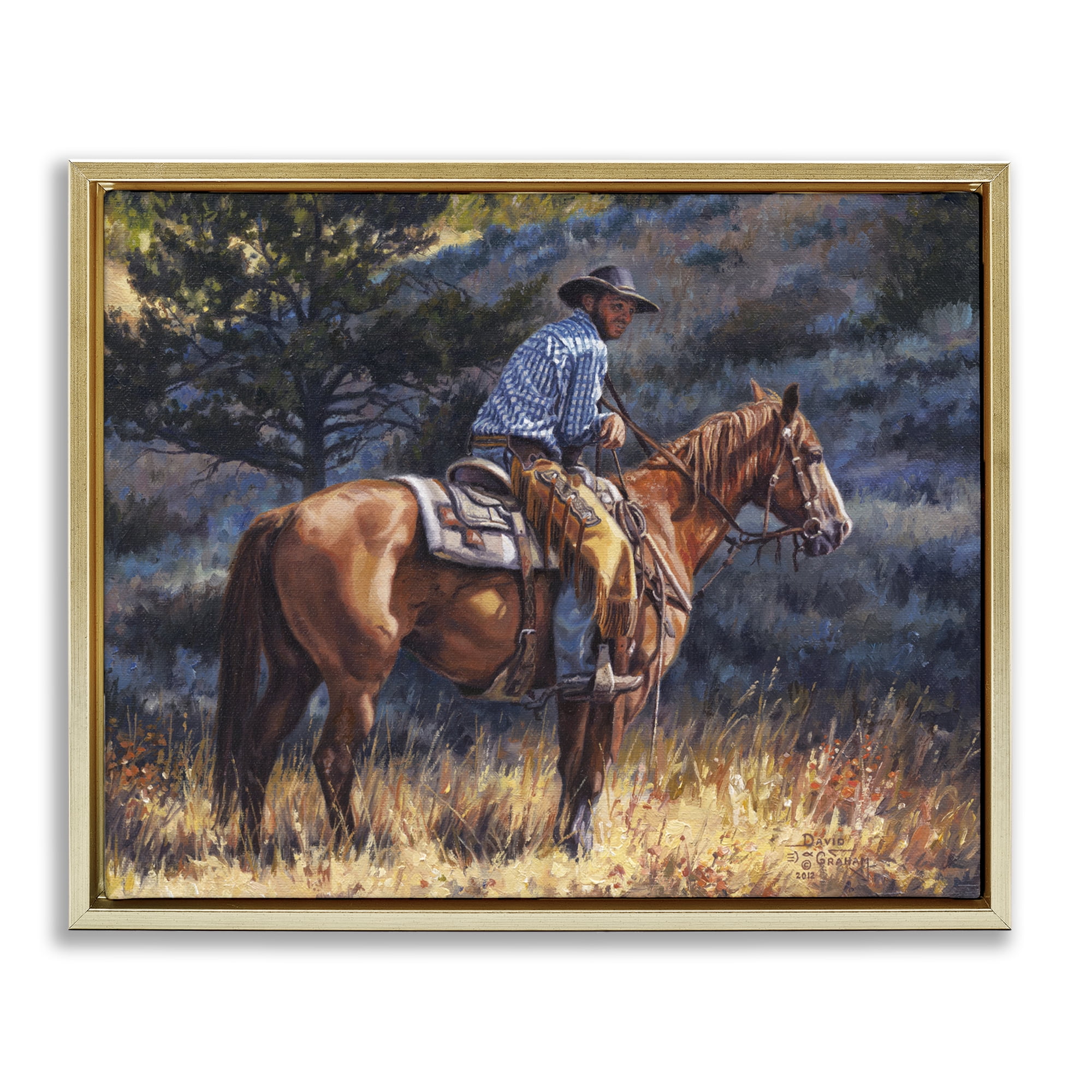 Stupell Industries Early Start Cowboy Animals & Insects Painting Gold Floater Framed Canvas Art Print Wall Art, 21 x 17