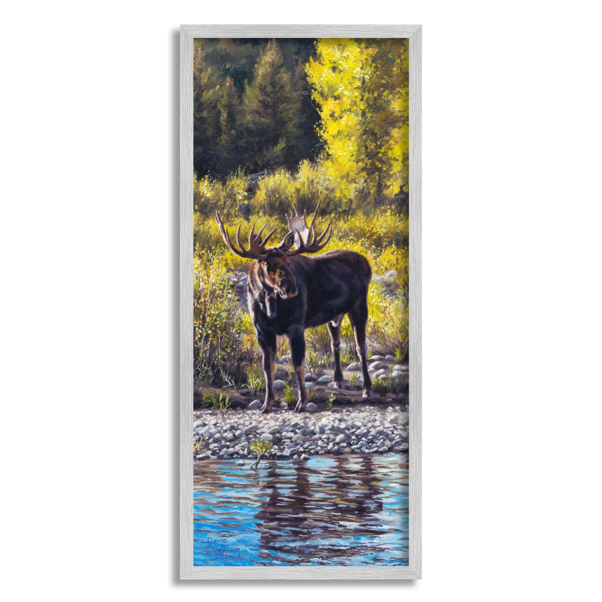 Stupell Industries Early Summer Moose At Lake Animals & Insects Painting Gray Framed Art Print Wall Art