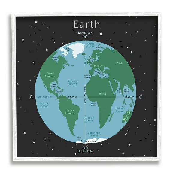 Stupell Industries Earth Equator Prime Meridian Map Diagram Globe Framed Wall Art, 12 x 12, Design by Carla Daly