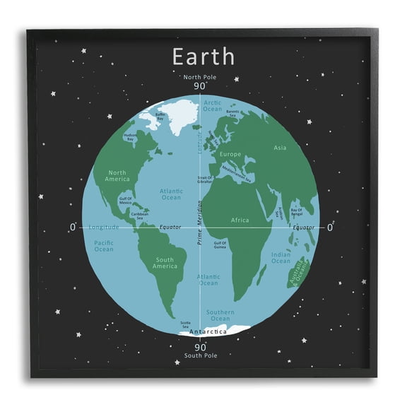 Stupell Industries Earth Equator Prime Meridian Map Diagram Globe Framed Wall Art, 12 x 12, Design by Carla Daly