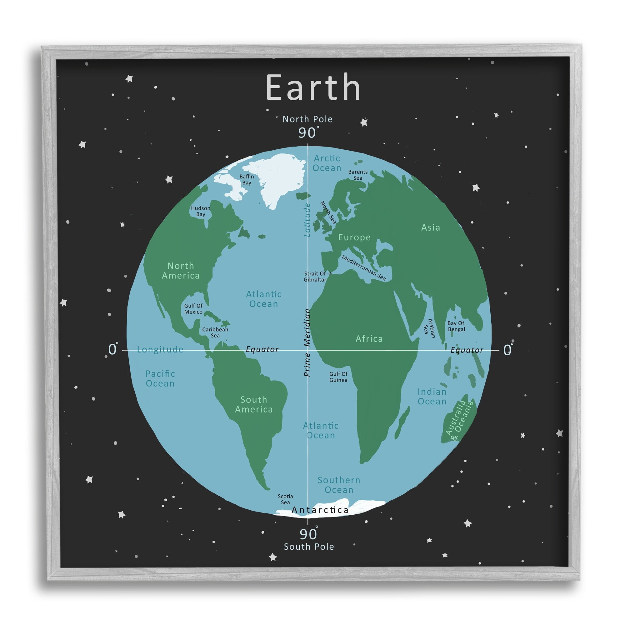 Stupell Industries Earth Equator Prime Meridian Map Diagram Globe Framed Wall Art, 12 x 12, Design by Carla Daly