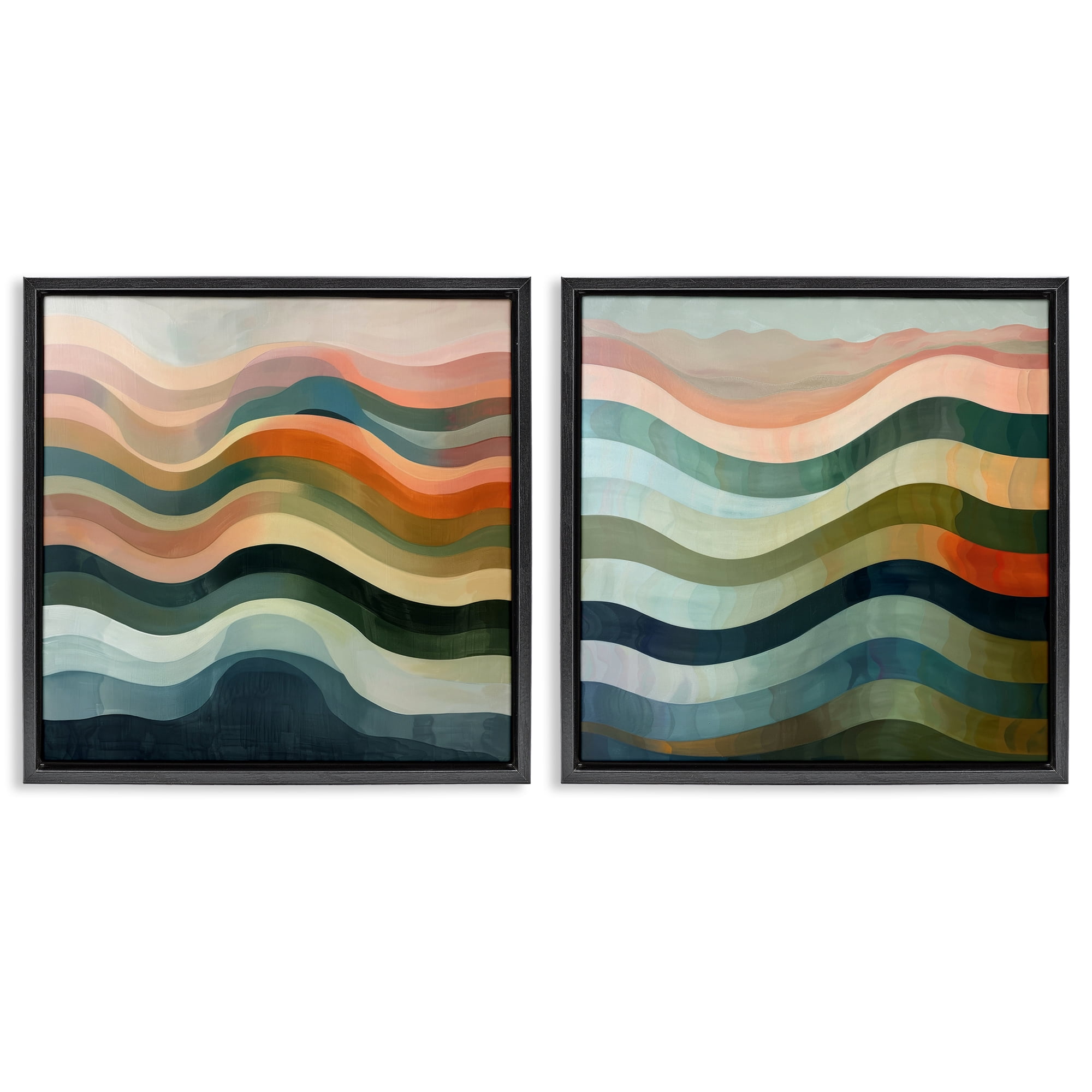 Stupell Industries Earth Tone Fluid Waves Abstract Painting Black Floater Framed Canvas Art Print Wall Art, 18 x 18, Set of 2