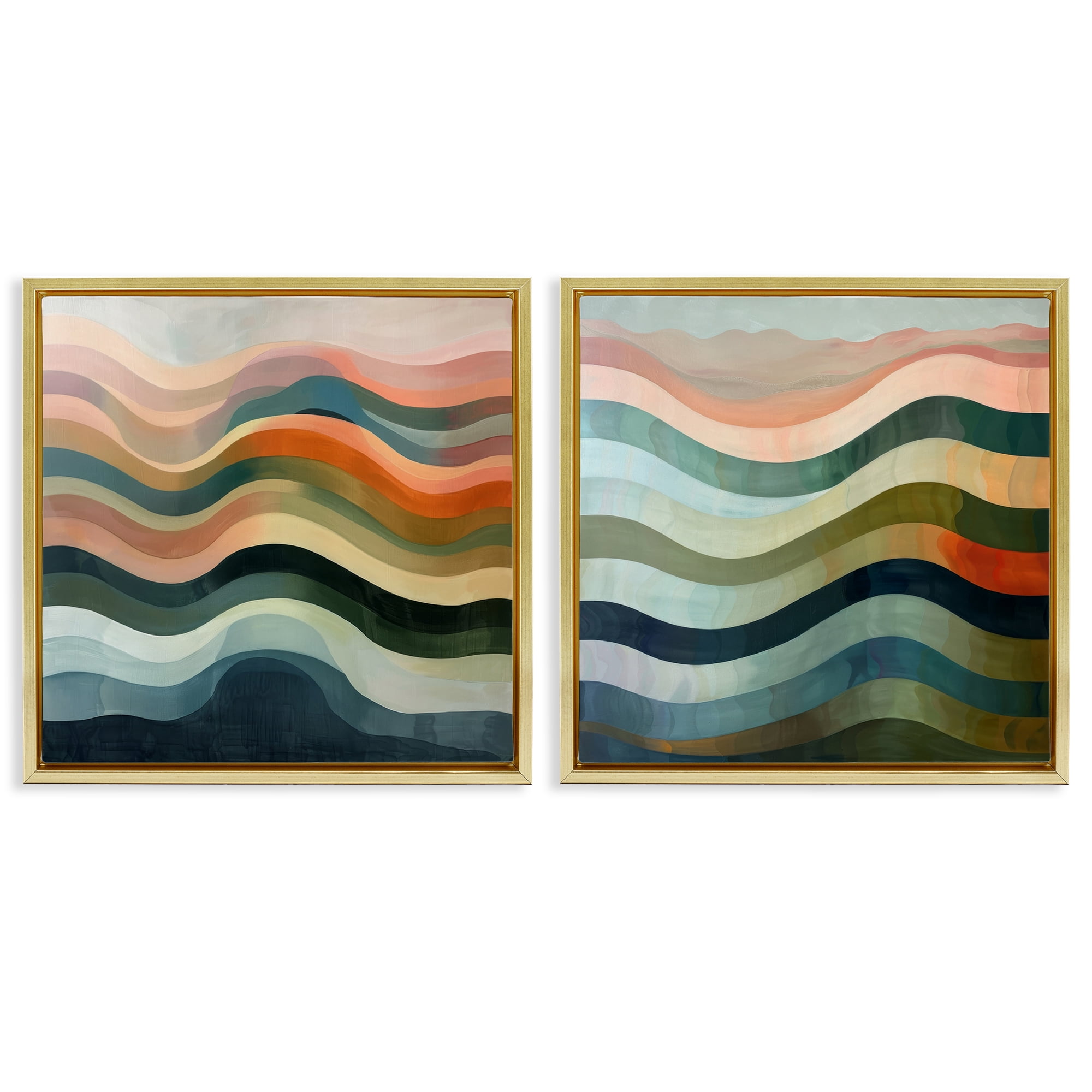 Stupell Industries Earth Tone Fluid Waves Abstract Painting Gold Floater Framed Canvas Art Print Wall Art, 25 x 25, Set of 2