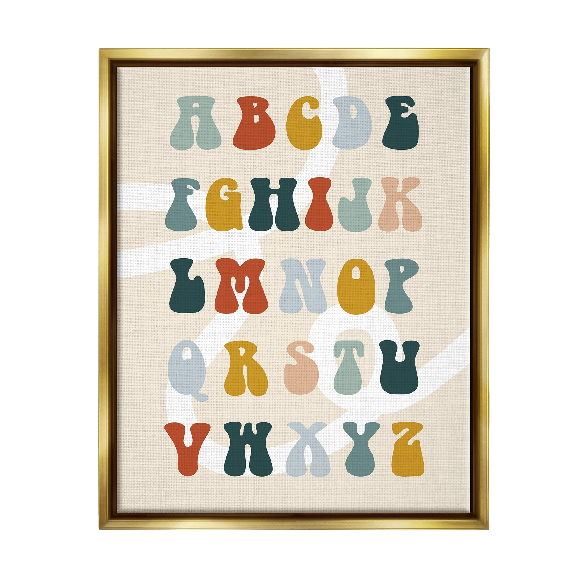Stupell Industries Earth Tones Alphabet Typography Painting Gold Floater Framed Canvas Art Print Wall Art, 25 x 31