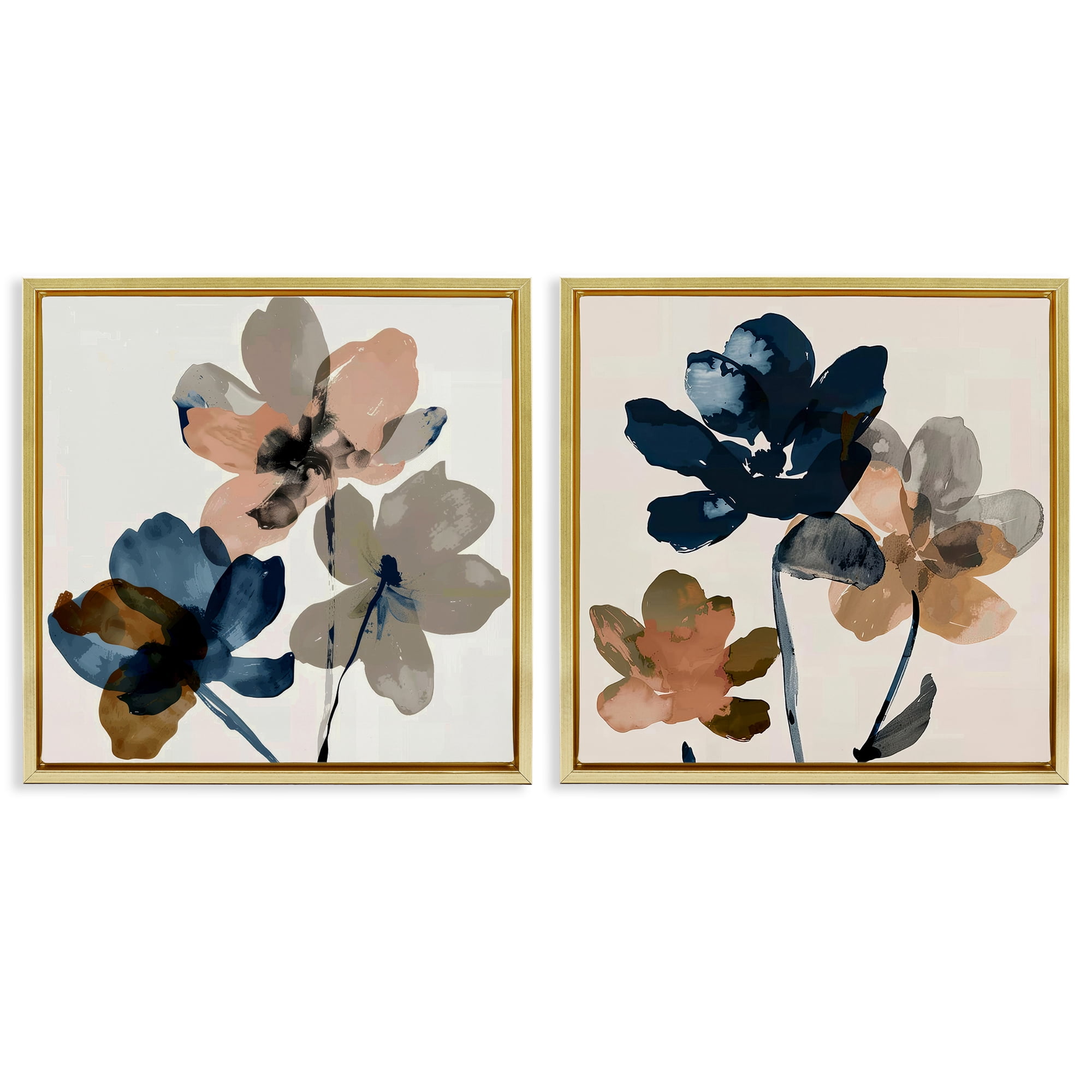 Stupell Industries Earthen Blossom Petals Plants & Flowers Painting Gold Floater Framed Canvas Art Print Wall Art, 18 x 18, Set of 2
