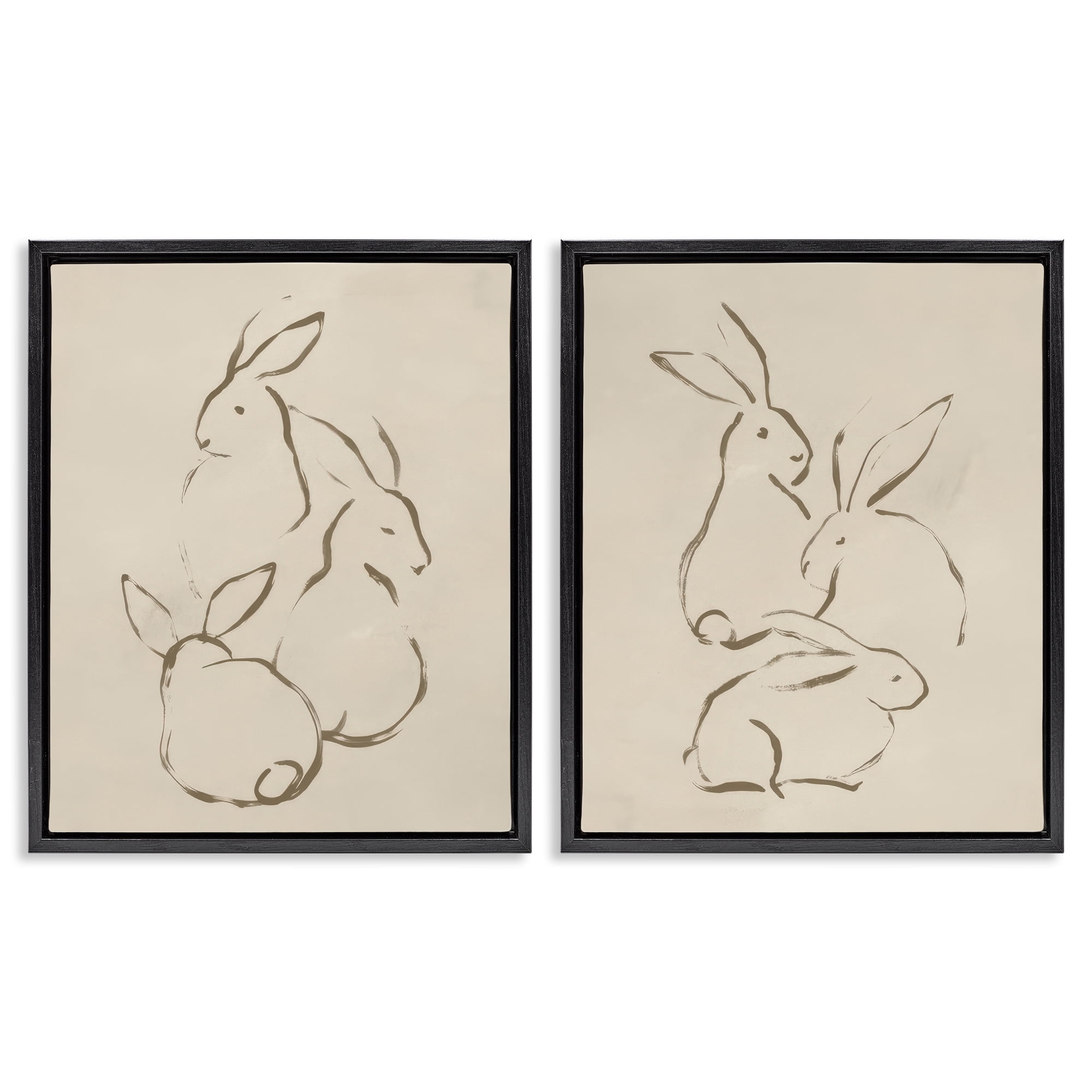 Stupell Industries Earthtone Sitting Rabbits Sketch Animals Drawing Black Floater Framed Canvas Art Print Wall Art, 31 x 25, Set of 2