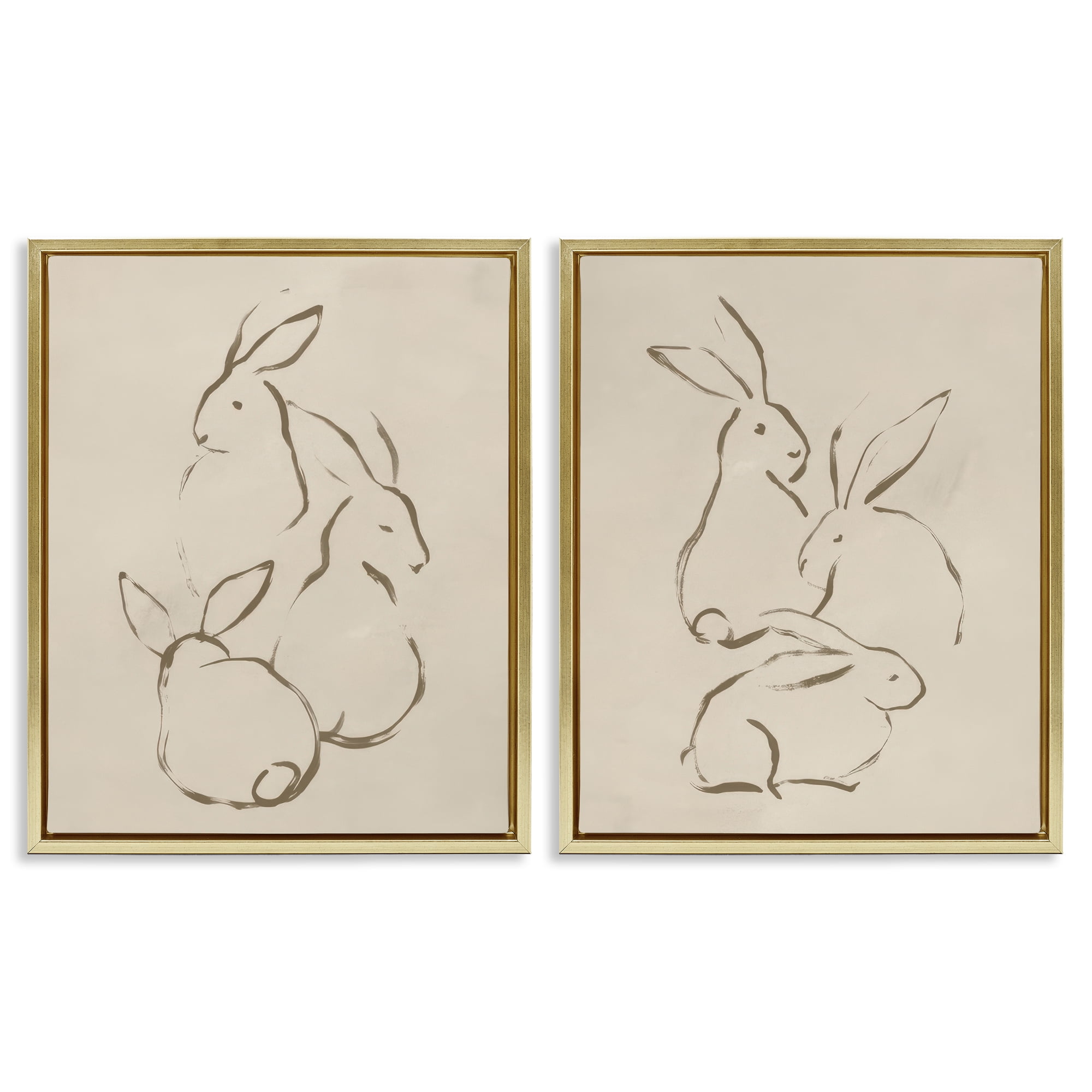 Stupell Industries Earthtone Sitting Rabbits Sketch Animals Drawing Gold Floater Framed Canvas Art Print Wall Art, 31 x 25, Set of 2