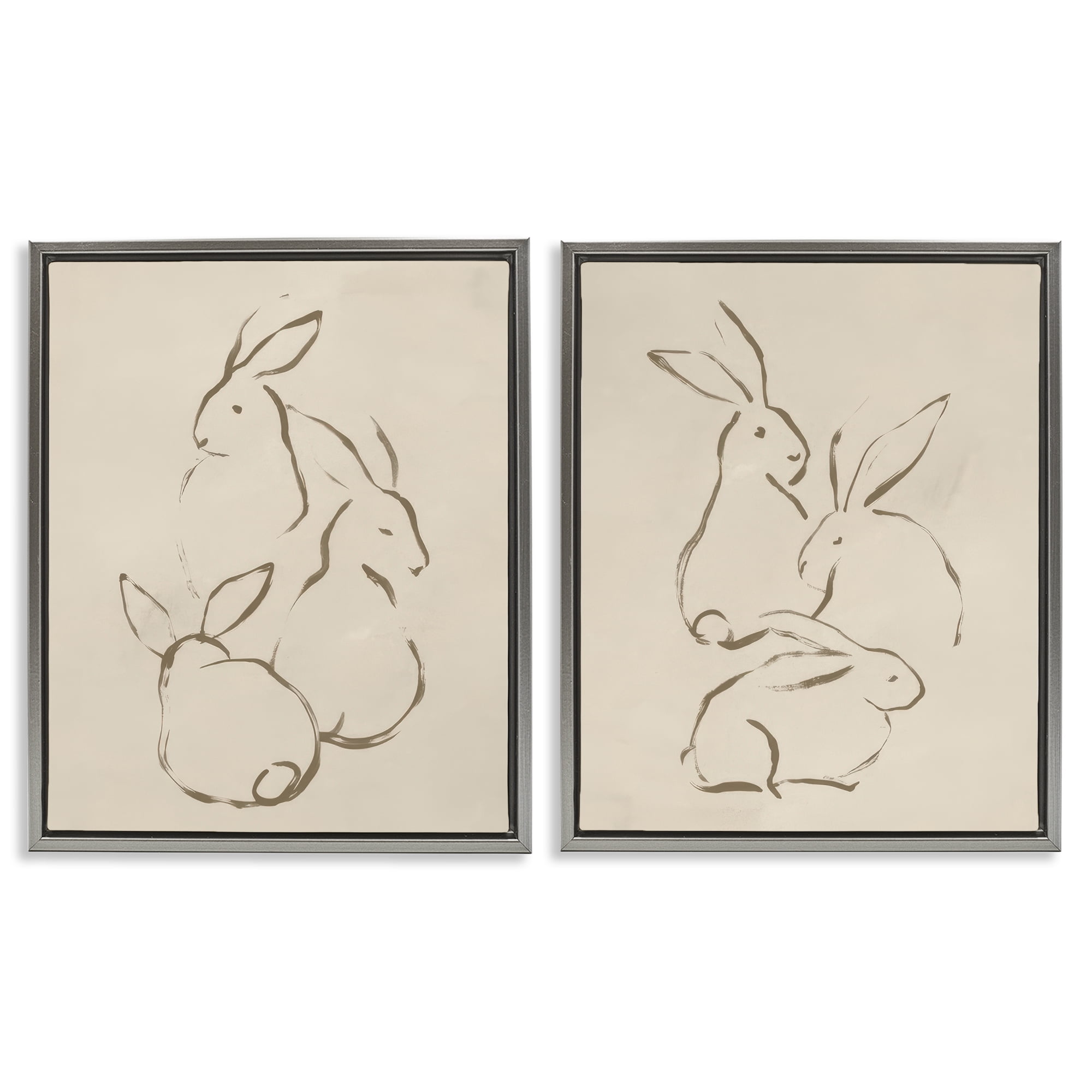 Stupell Industries Earthtone Sitting Rabbits Sketch Animals Drawing Gray Floater Framed Canvas Art Print Wall Art, 17 x 21, Set of 2