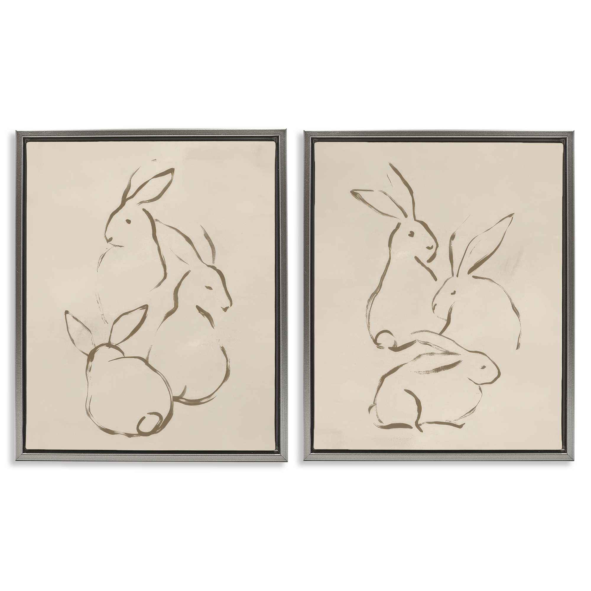 Stupell Industries Earthtone Sitting Rabbits Sketch Animals Drawing Gray Floater Framed Canvas Art Print Wall Art, 31 x 25, Set of 2