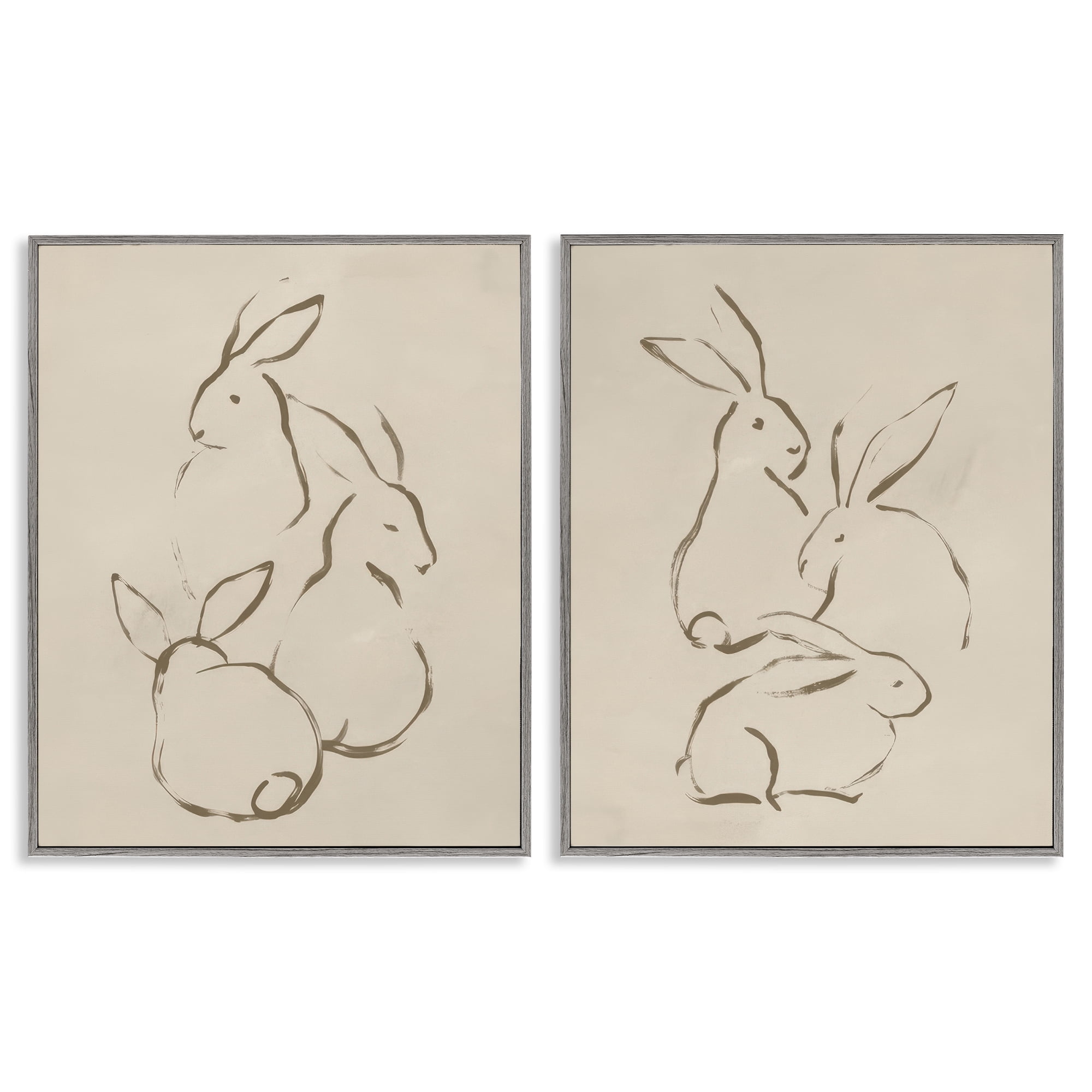 Stupell Industries Earthtone Sitting Rabbits Sketch Animals Drawing Gray Framed Art Print Wall Art, 16 x 20, Set of 2