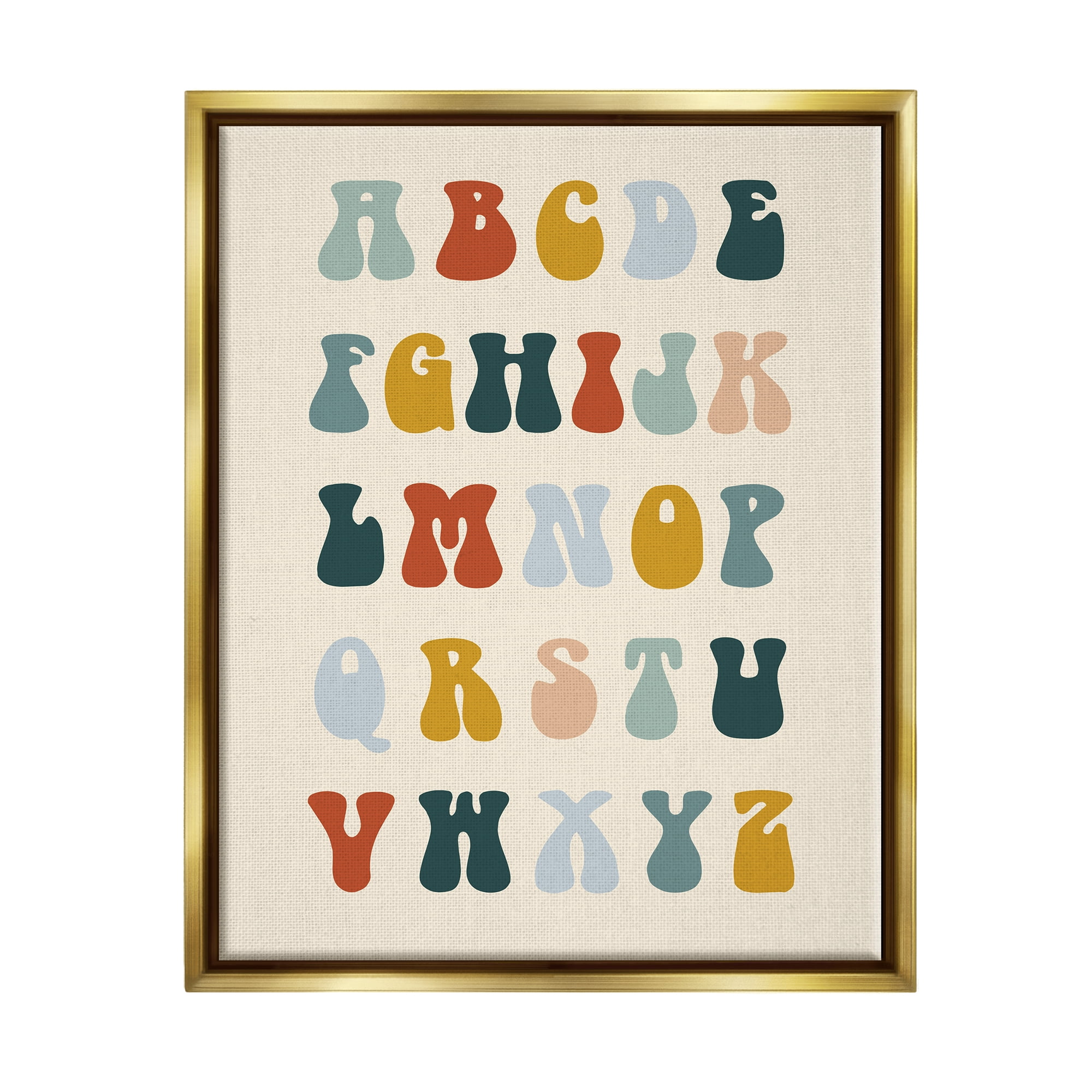 Stupell Industries Earthy Alphabet Letters Typography Painting Gold Floater Framed Canvas Art Print Wall Art, 17 x 21