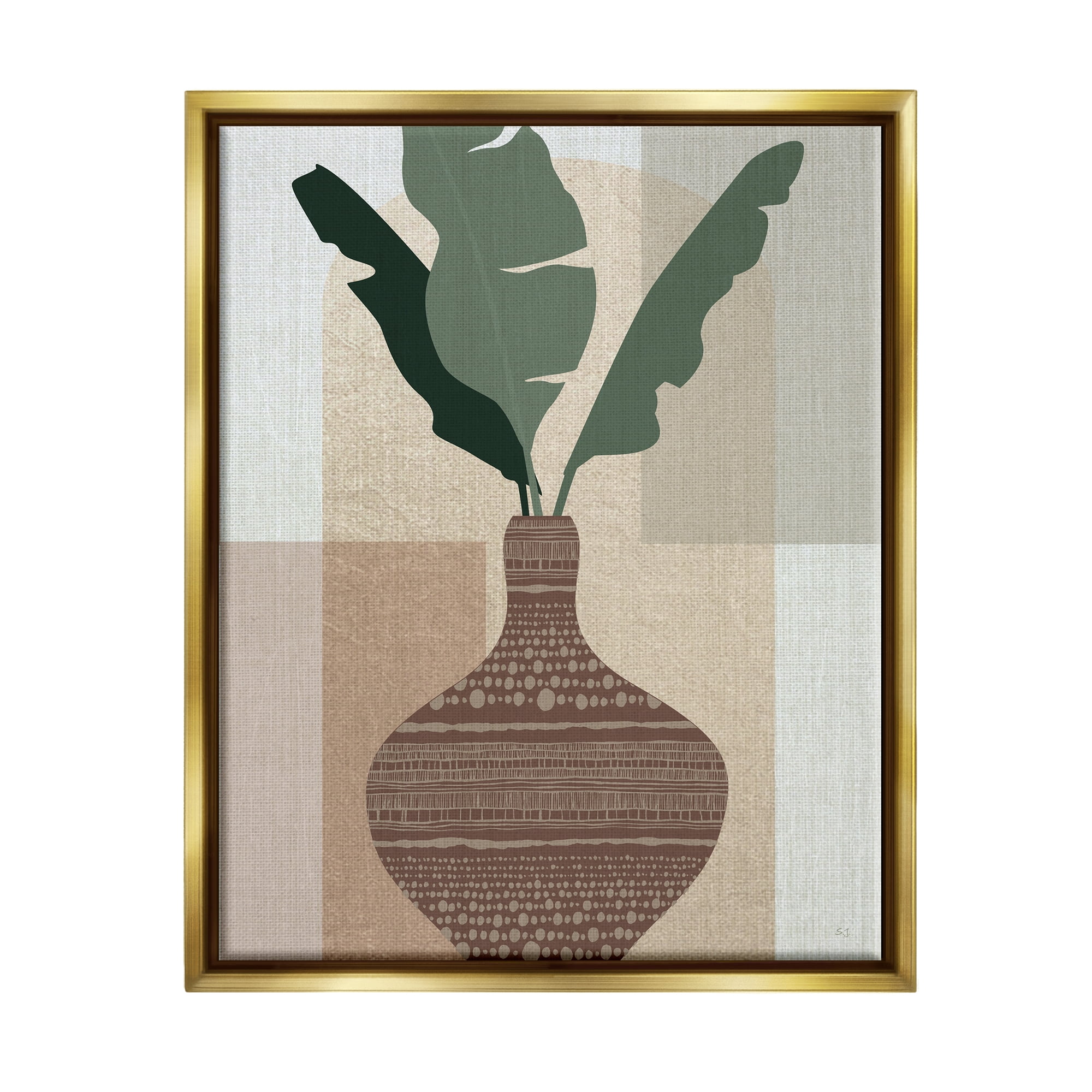 Stupell Industries Earthy Boho Plant Sprigs Botanical & Floral Painting Gold Floater Framed Canvas Art Print Wall Art, 17 x 21