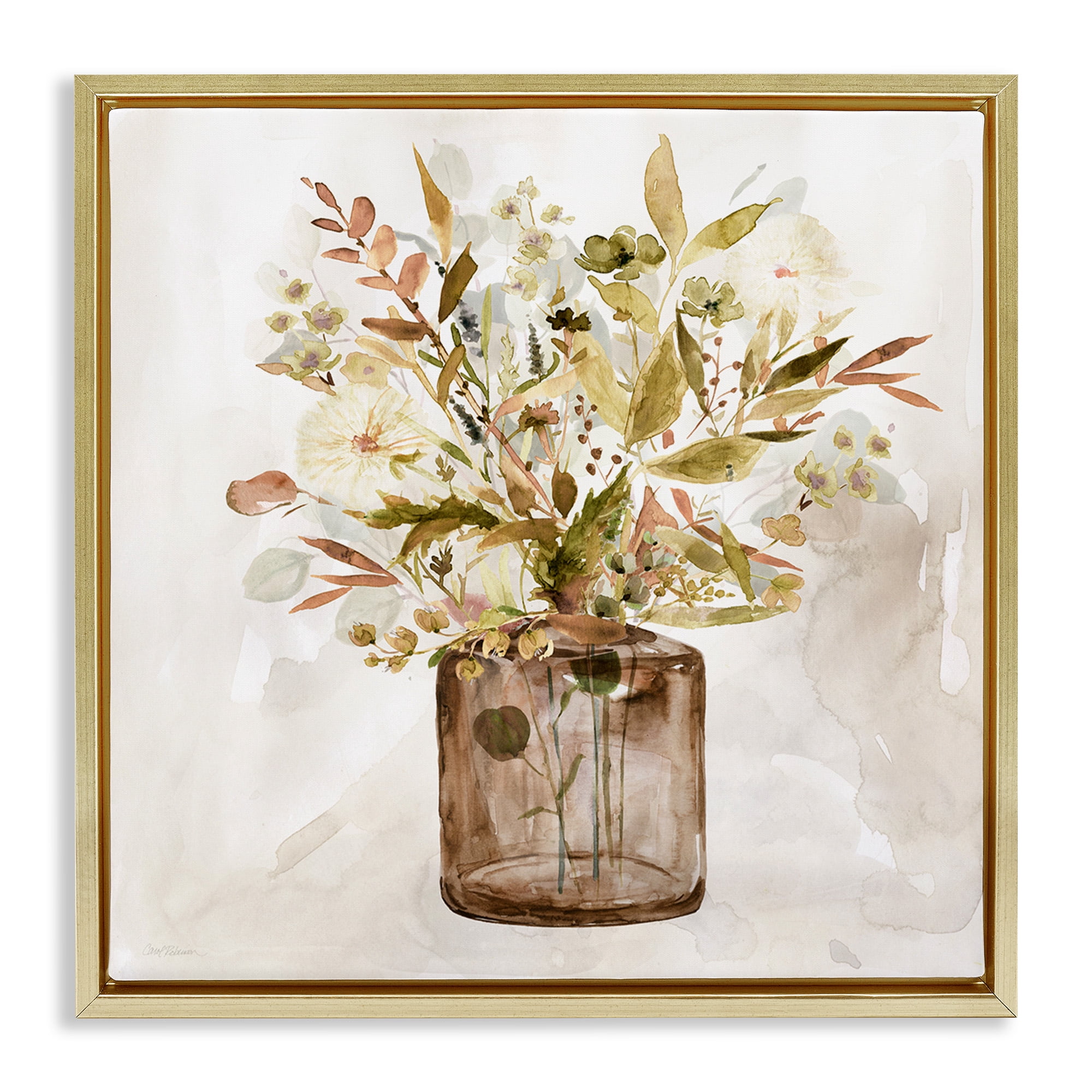 Stupell Industries Earthy Mixed Fall Botanicals Botanical & Floral Painting Gold Floater Framed Canvas Art Print Wall Art, 18 x 18