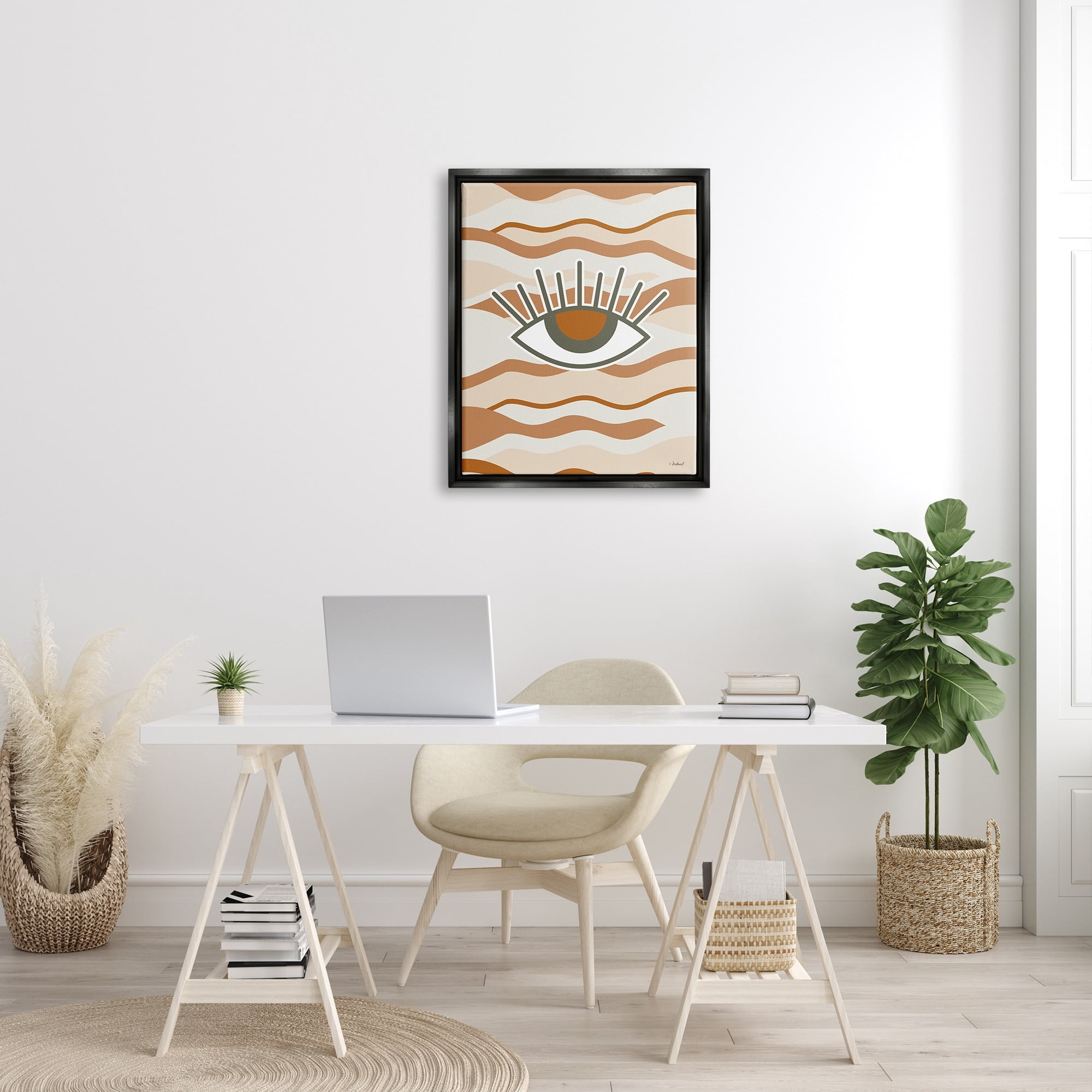 Stupell Industries Earthy Modern Spiritual Eye Wavy Striped Shapes Graphic Art Jet Black Floating Framed Canvas Print Wall Art, Design by Martina Pavlova