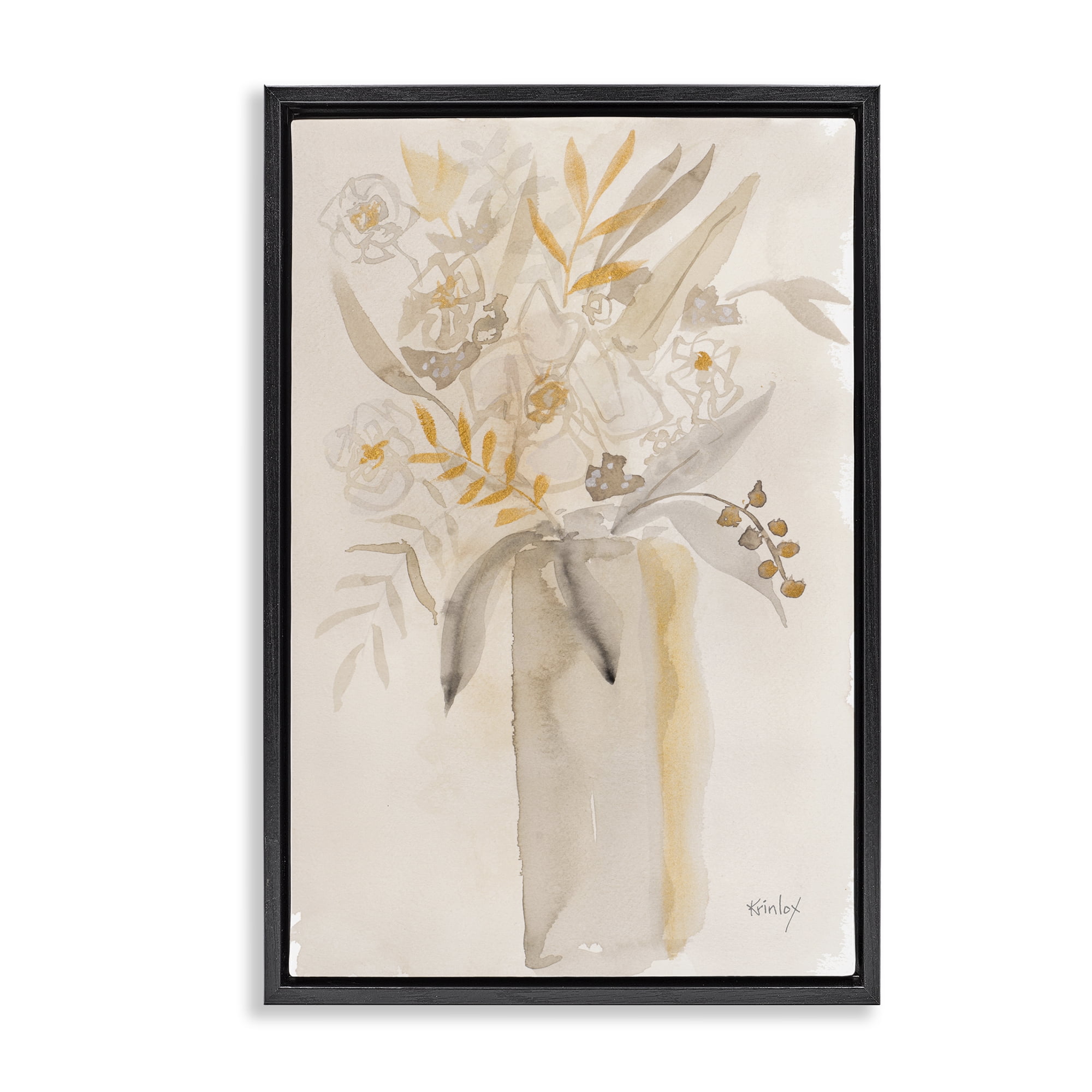 Stupell Industries Earthy Soft Flower Vase Black Framed Floater Canvas Wall Art, design by Krinlox