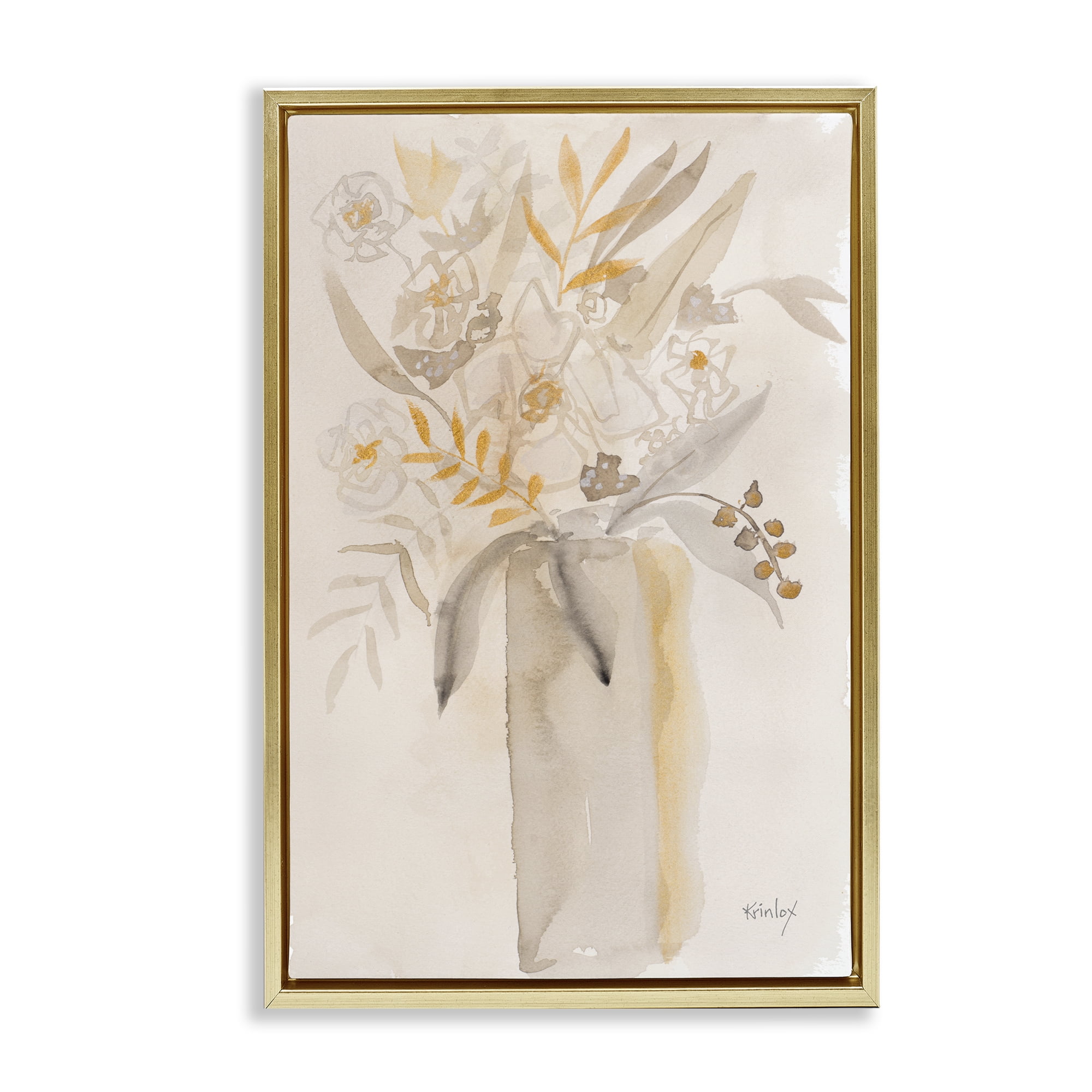 Stupell Industries Earthy Soft Flower Vase Gold Framed Floater Canvas Wall Art, design by Krinlox