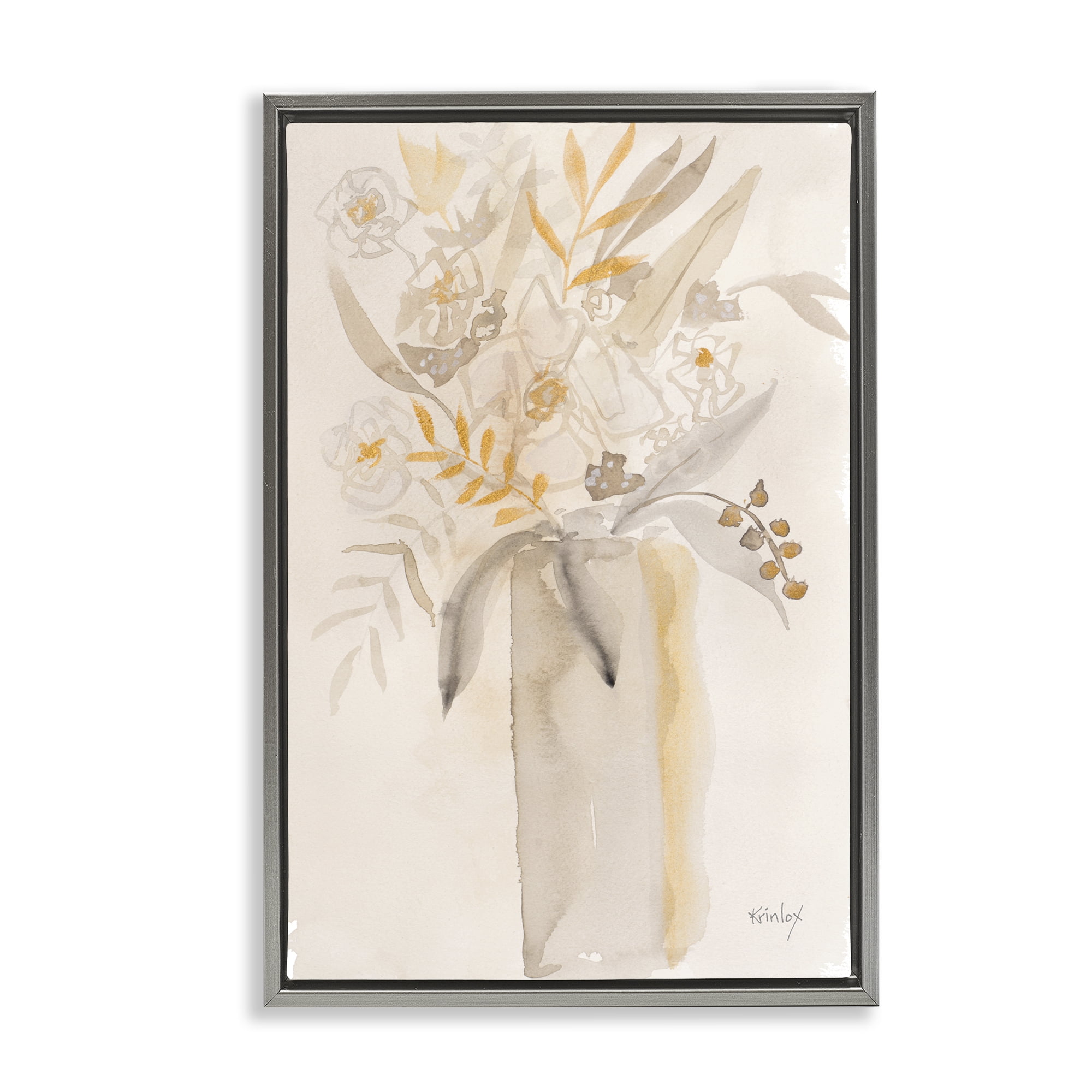 Stupell Industries Earthy Soft Flower Vase Gray Framed Floater Canvas Wall Art, design by Krinlox