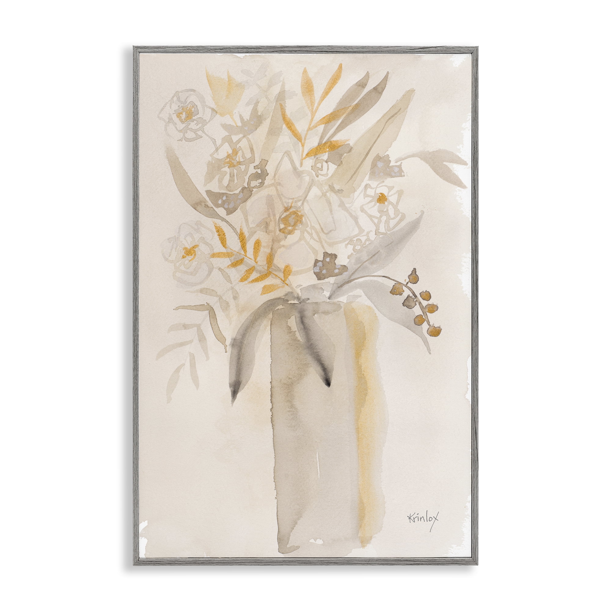 Stupell Industries Earthy Soft Flower Vase Gray Framed Giclee Art, design by Krinlox