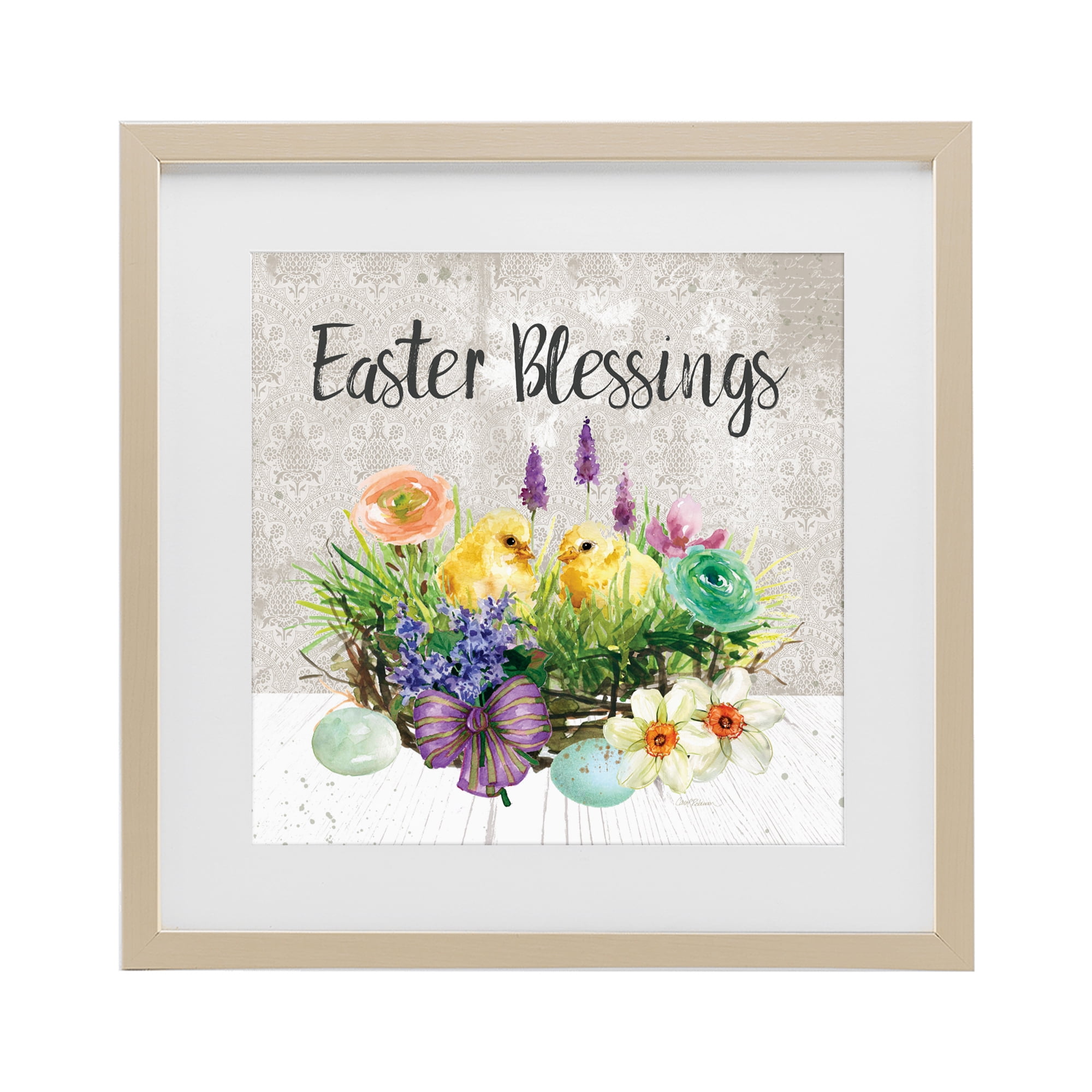 Stupell Industries Easter Blessings Basket of Flowers Birch Framed Print Under Glass, design by Carol Robinson