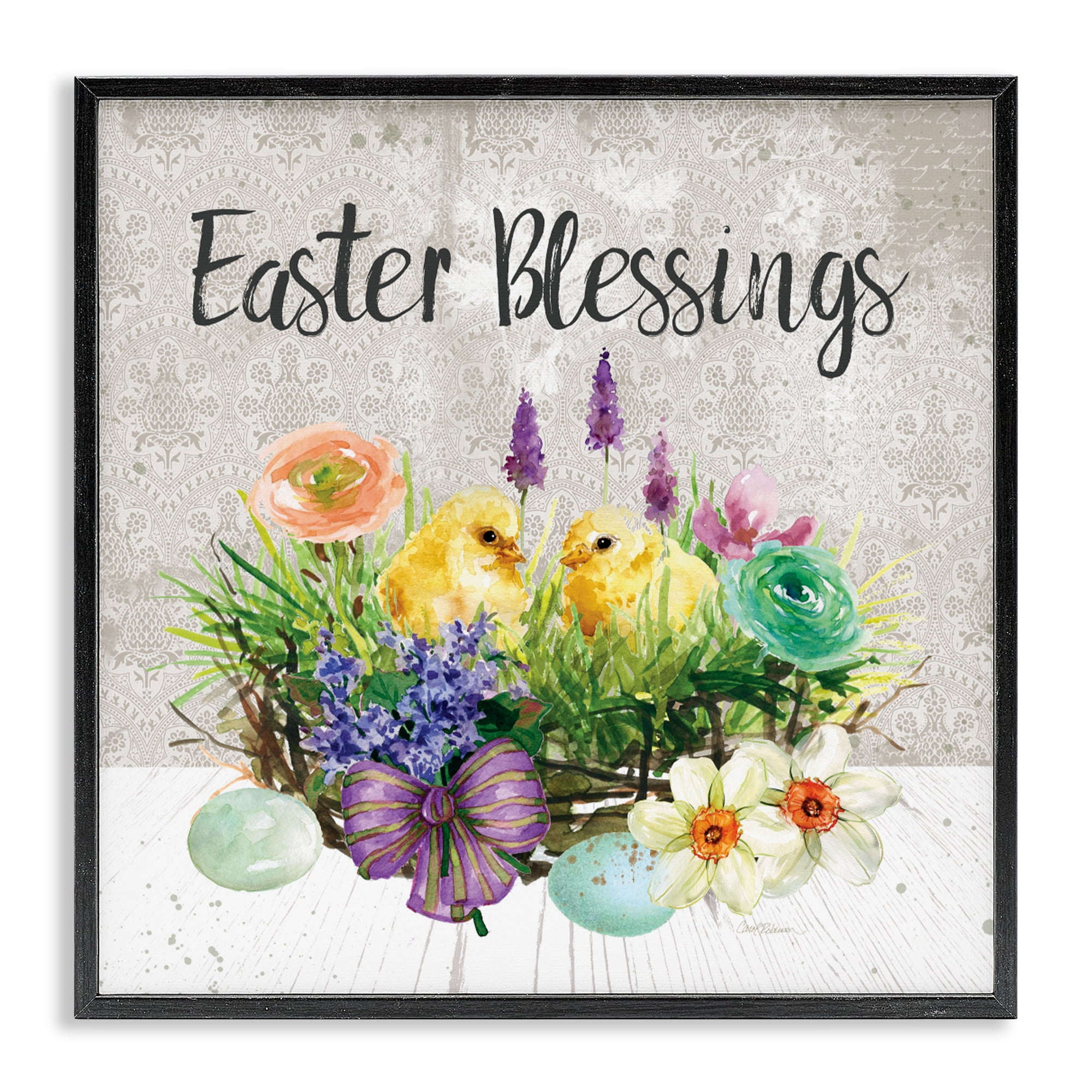 Stupell Industries Easter Blessings Basket of Flowers Black Framed Giclee Art, design by Carol Robinson