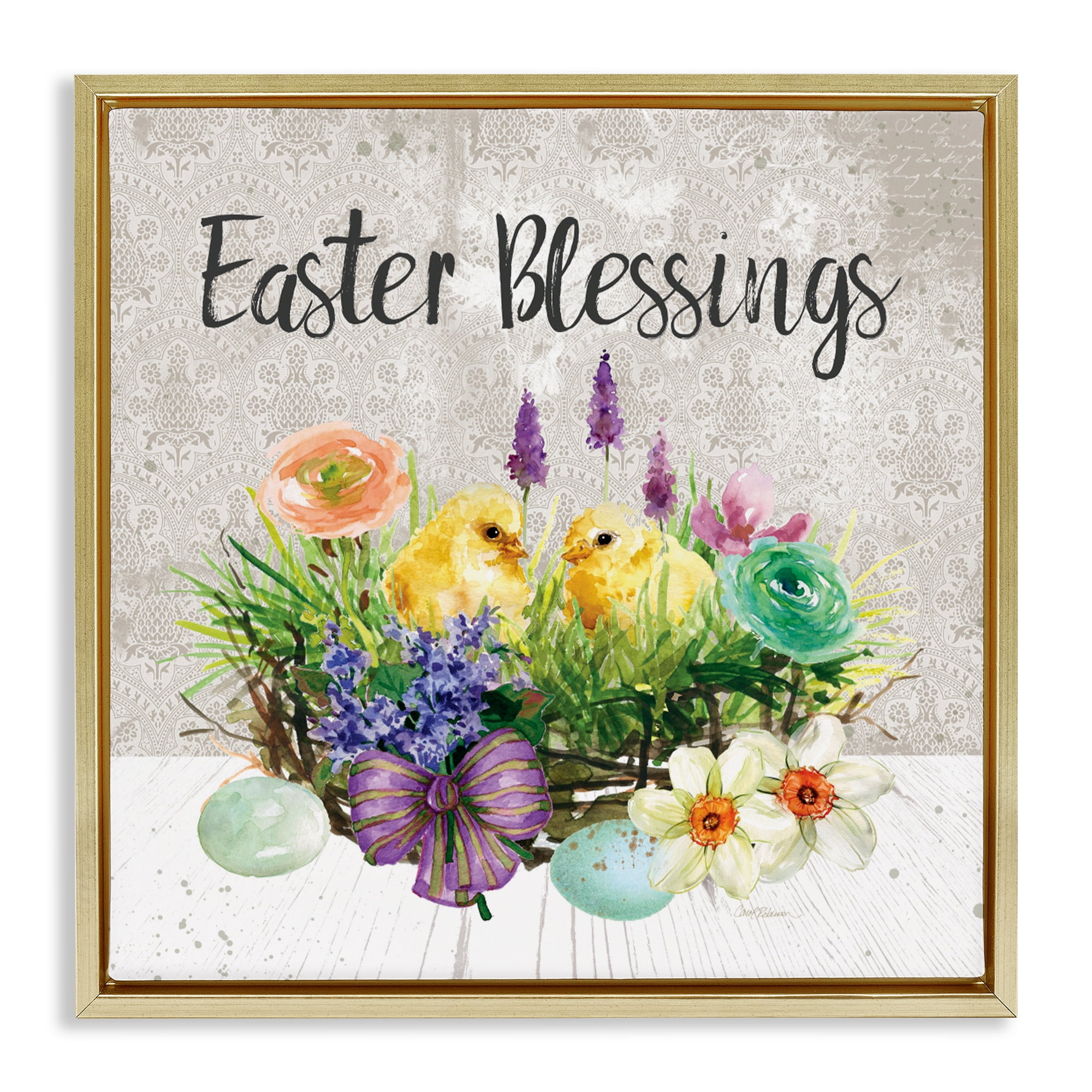 Stupell Industries Easter Blessings Basket of Flowers Gold Framed Floater Canvas Wall Art, design by Carol Robinson