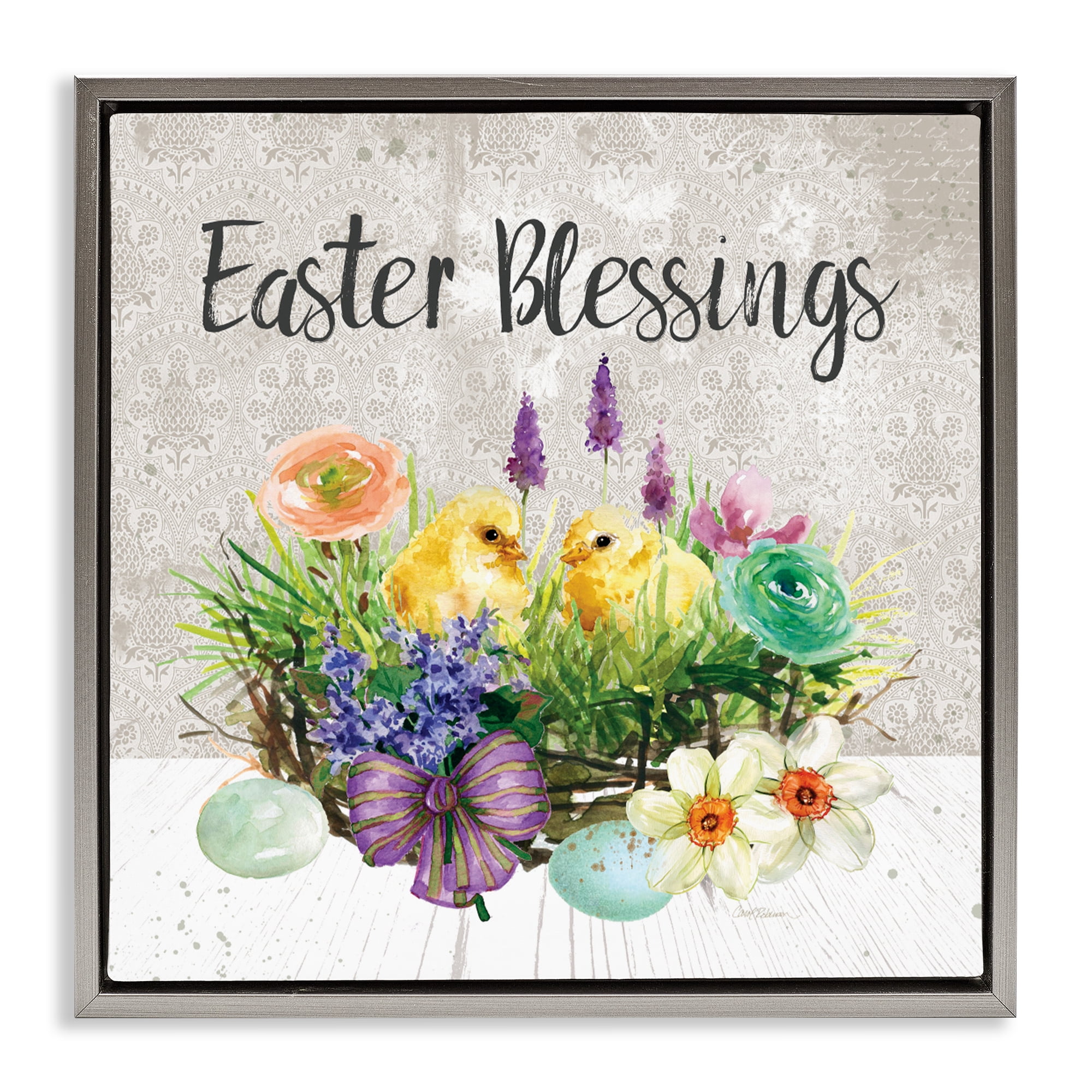 Stupell Industries Easter Blessings Basket of Flowers Gray Framed Floater Canvas Wall Art, design by Carol Robinson