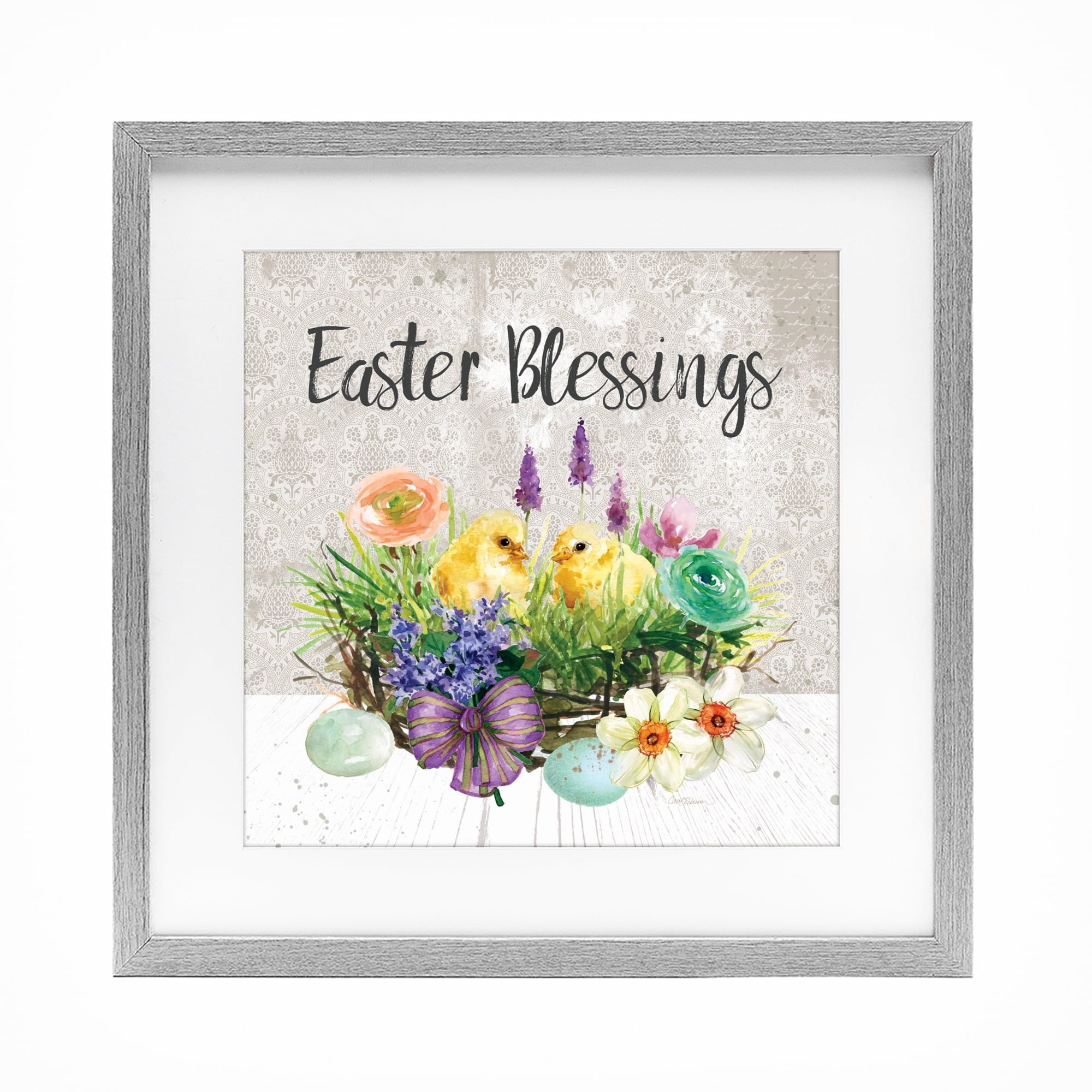 Stupell Industries Easter Blessings Basket of Flowers Gray Framed Print Under Glass, design by Carol Robinson