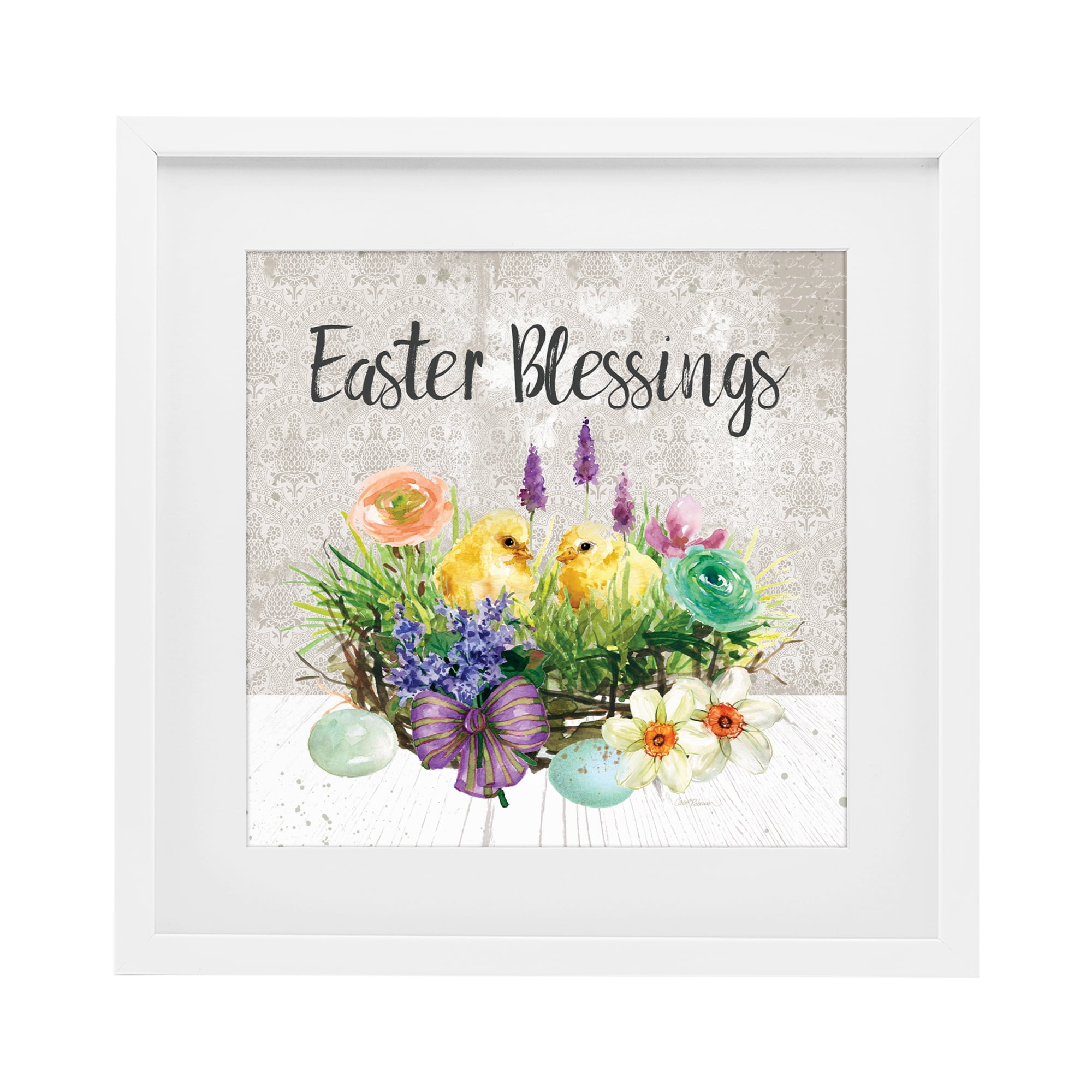 Stupell Industries Easter Blessings Basket of Flowers White Framed Print Under Glass, design by Carol Robinson