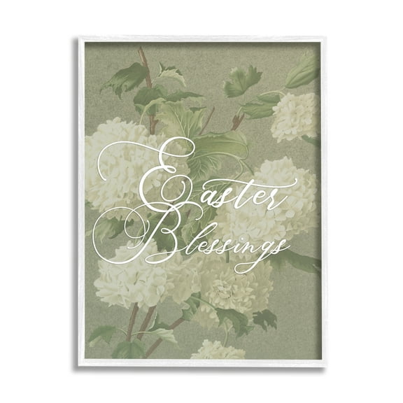 Stupell Industries Easter Blessings Sentiment Vintage White Hydrangea Florals Green Graphic Art White Framed Art Print Wall Art, 24x30, by Daphne Polselli