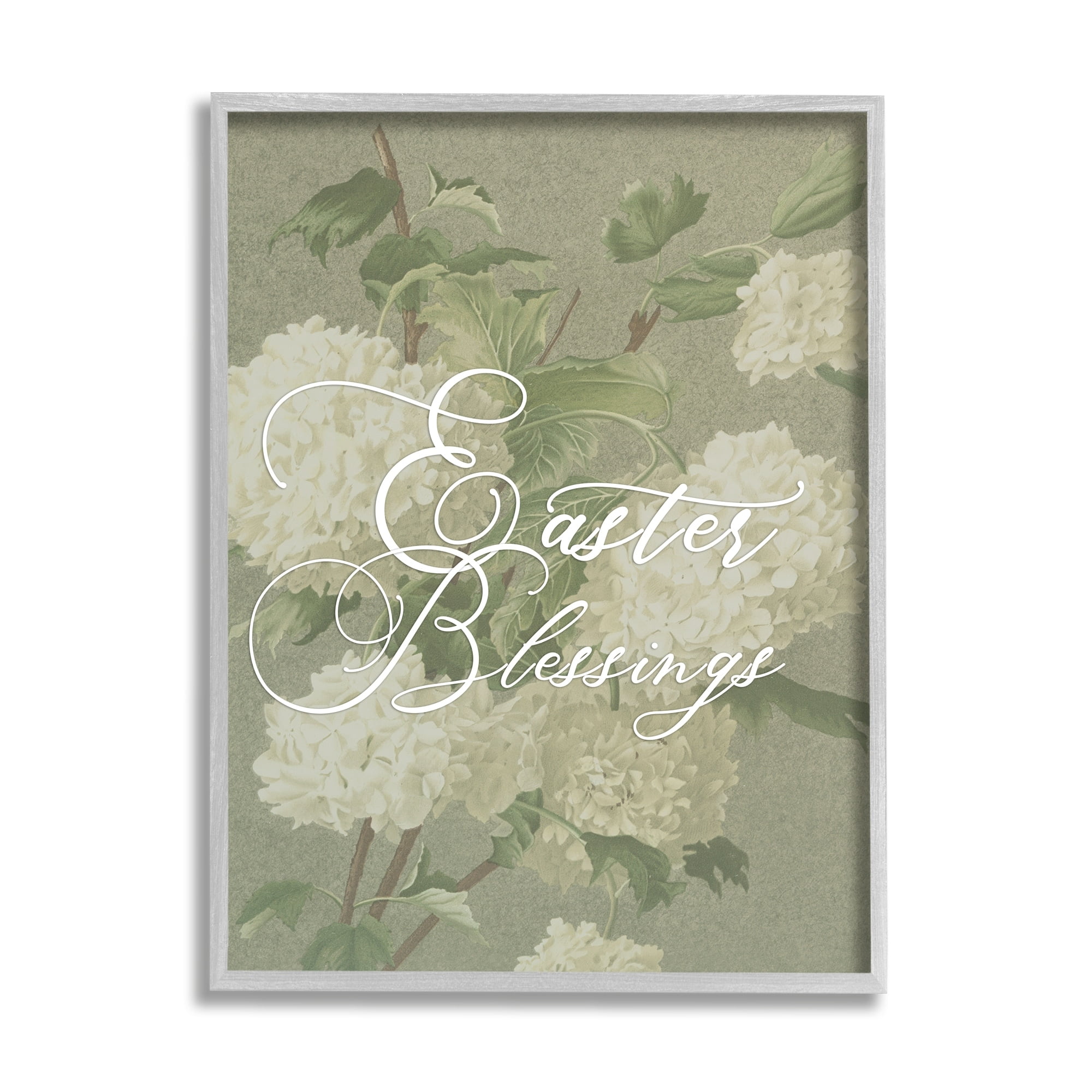 Stupell Industries Easter Blessings Sentiment Vintage White Hydrangea Florals Green Graphic Art Gray Framed Art Print Wall Art, 24x30, by Daphne Polselli