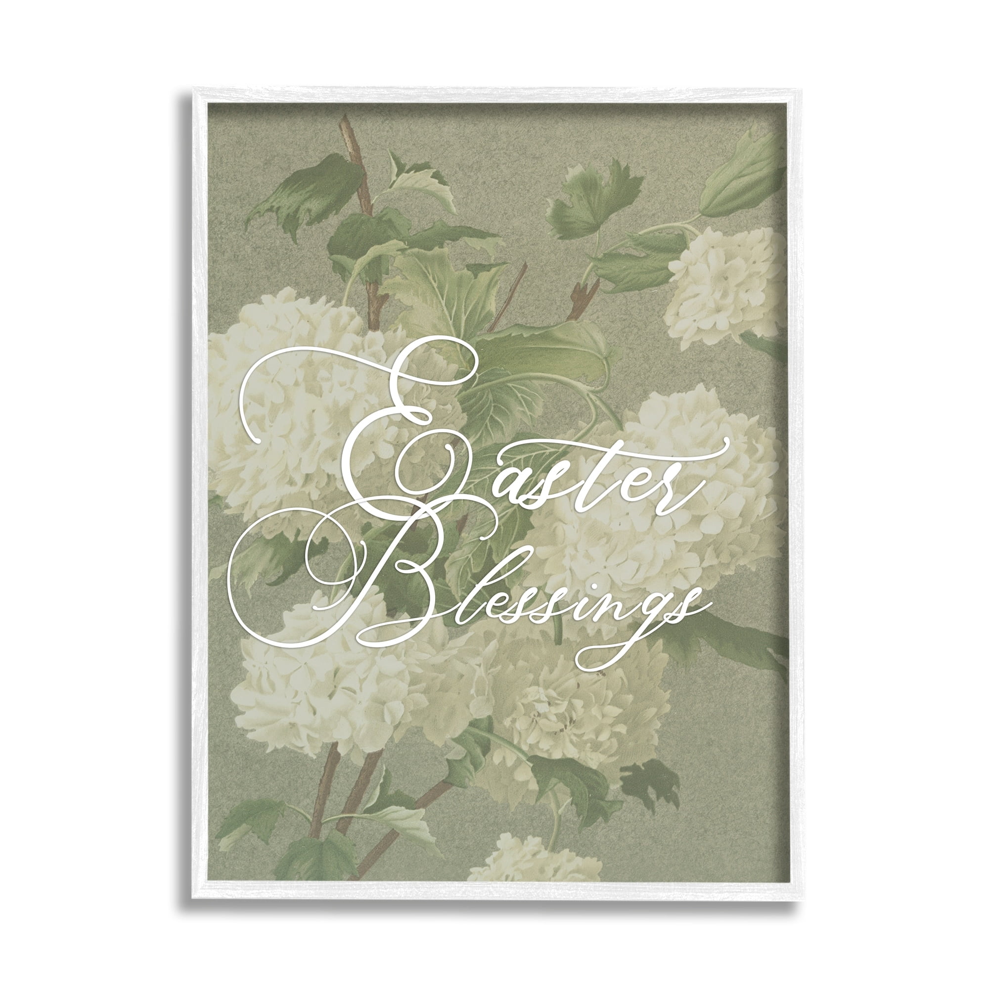 Stupell Industries Easter Blessings Sentiment Vintage White Hydrangea Florals Green Graphic Art White Framed Art Print Wall Art, 16x20, by Daphne Polselli