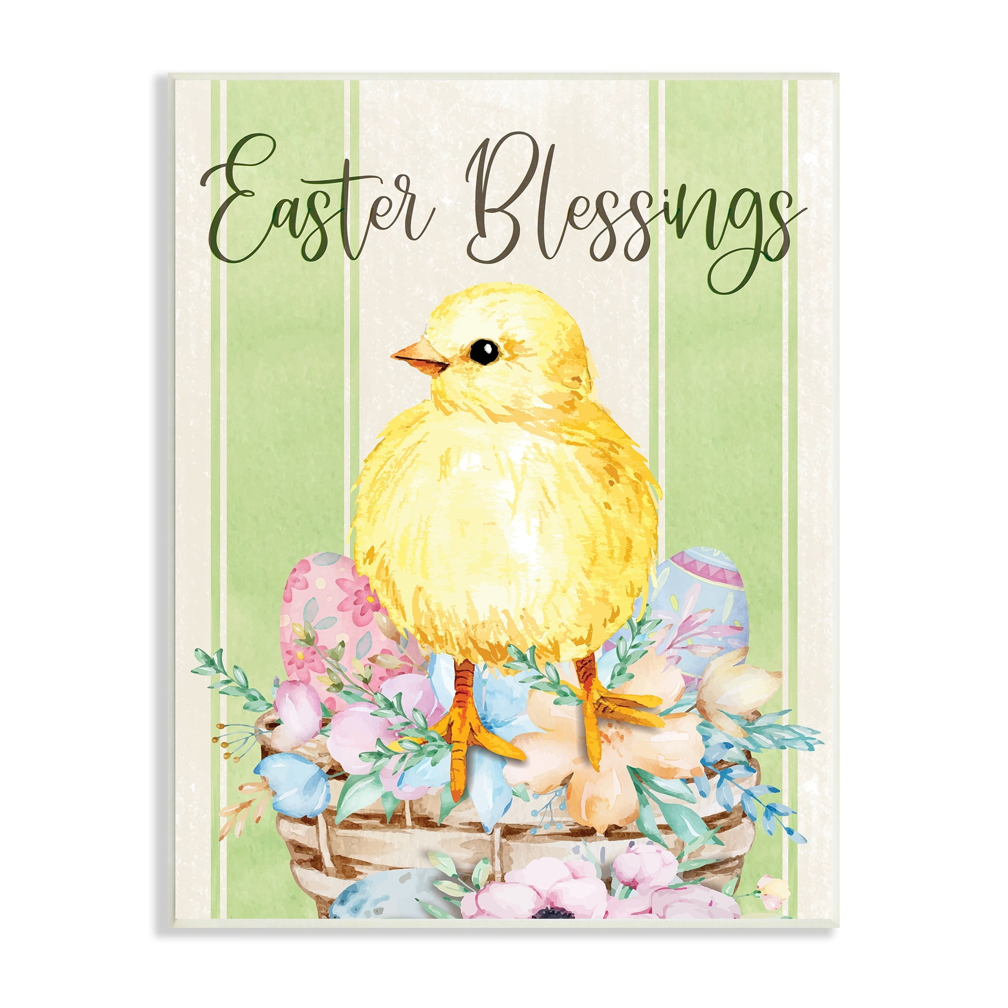 Stupell Industries Easter Blessings Text Striped Yellow Chick Egg Basket , 10 x 15, Design by ND Art