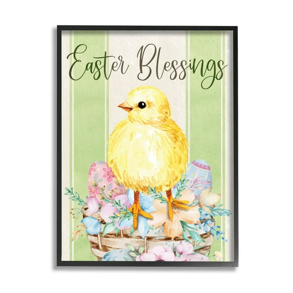 Stupell Industries Easter Blessings Text Striped Yellow Chick Egg Basket Graphic Art Black Framed Art Print Wall Art, 11x14, by ND Art